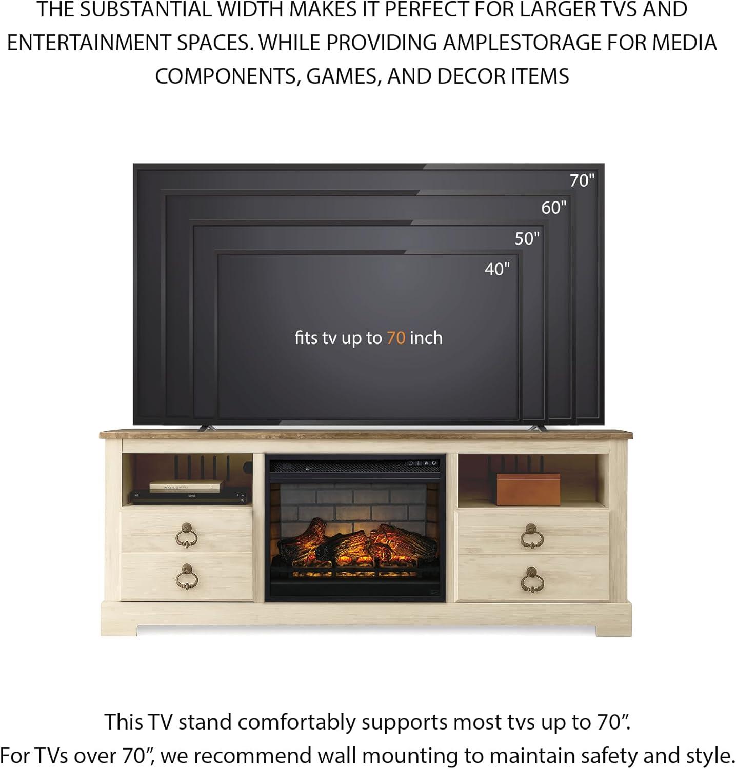 imageSignature Design by Ashley Entertainment Accessories Vintage 64quot TV Stand with Electric Fireplace and LED Lights for TVs up to 72quot WhitewashWhitewash