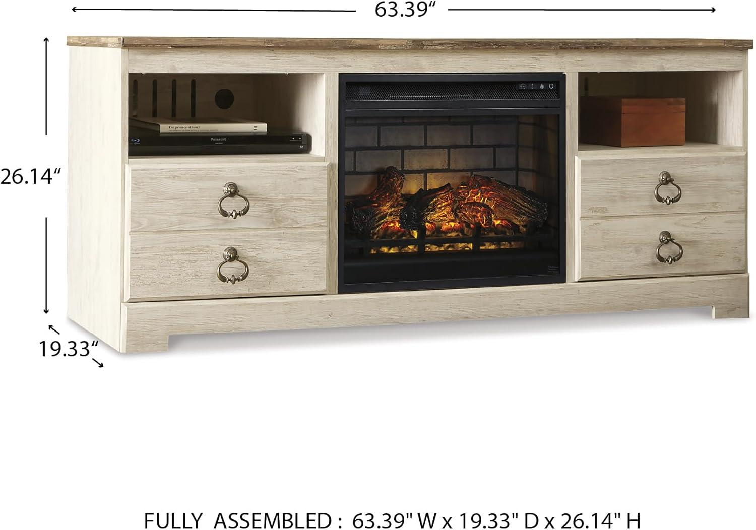 imageSignature Design by Ashley Entertainment Accessories Vintage 64quot TV Stand with Electric Fireplace and LED Lights for TVs up to 72quot WhitewashWhitewash