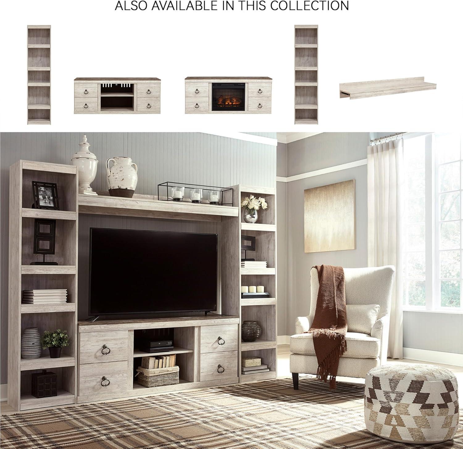 imageSignature Design by Ashley Entertainment Accessories Vintage 64quot TV Stand with Electric Fireplace and LED Lights for TVs up to 72quot WhitewashWhitewash