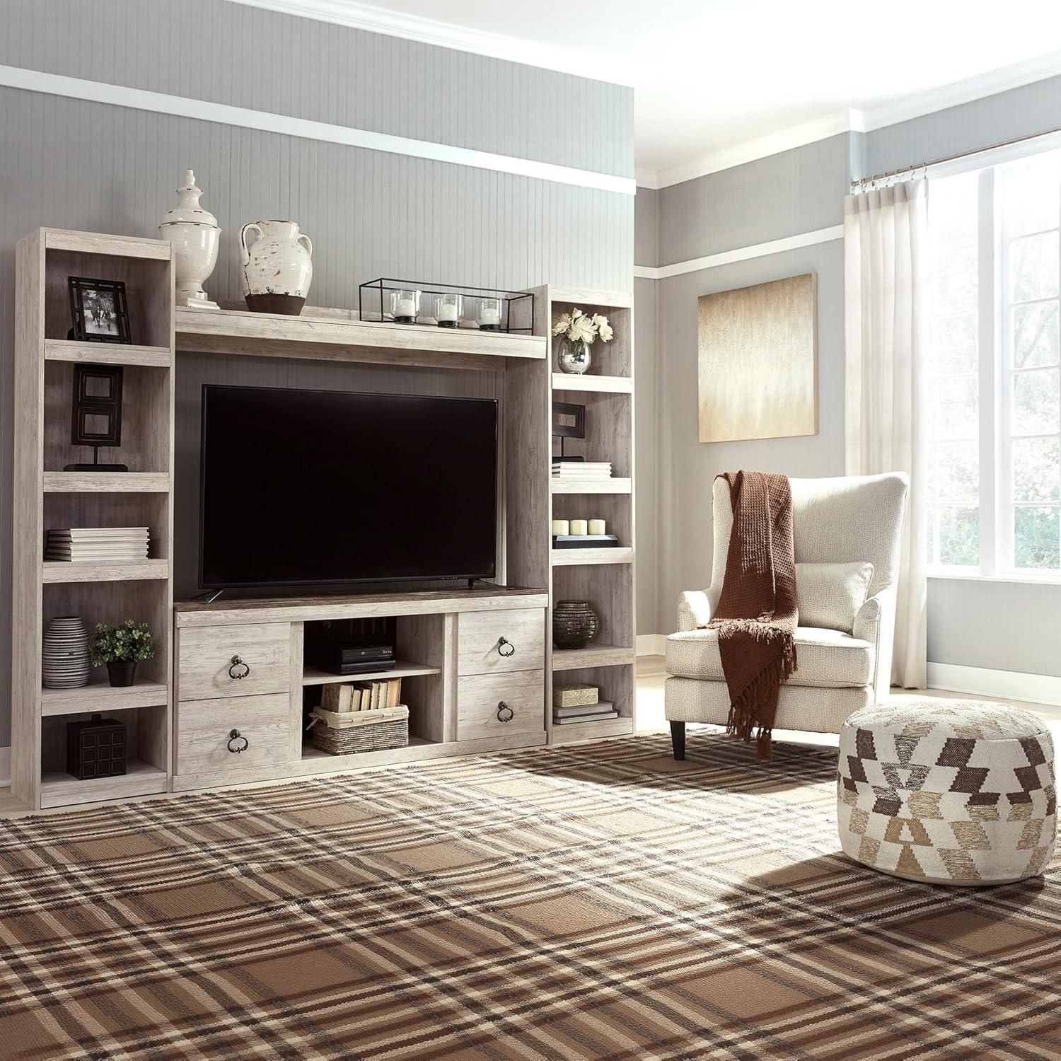 imageSignature Design by Ashley Entertainment Accessories Vintage 64quot TV Stand with Electric Fireplace and LED Lights for TVs up to 72quot WhitewashWhitewash