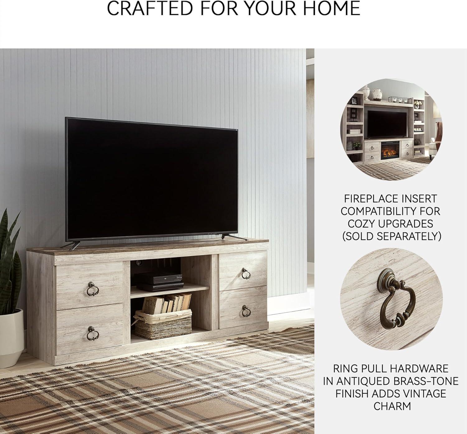 imageSignature Design by Ashley Entertainment Accessories Vintage 64quot TV Stand with Electric Fireplace and LED Lights for TVs up to 72quot WhitewashWhitewash