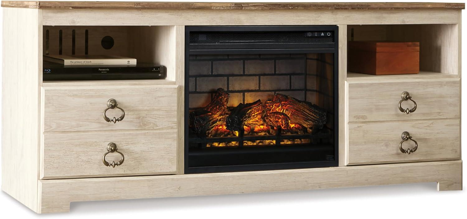 imageSignature Design by Ashley Entertainment Accessories Vintage 64quot TV Stand with Electric Fireplace and LED Lights for TVs up to 72quot WhitewashWhitewash