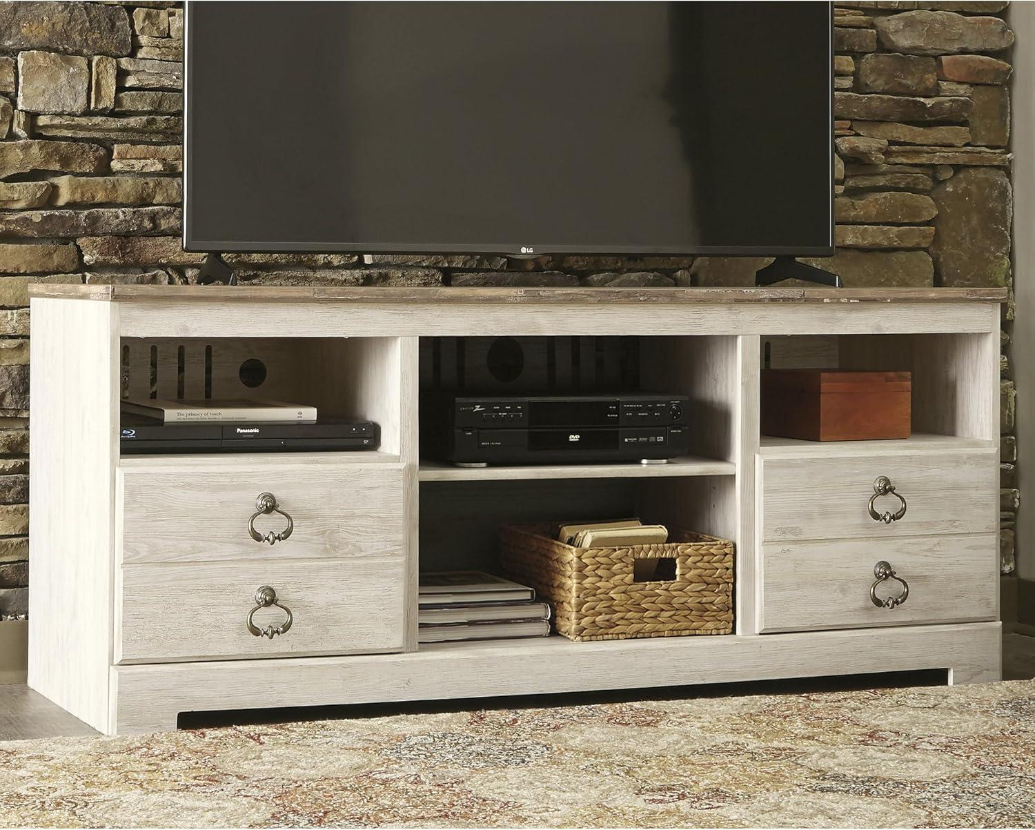 imageSignature Design by Ashley Entertainment Accessories Vintage 64quot TV Stand with Electric Fireplace and LED Lights for TVs up to 72quot WhitewashWhitewash