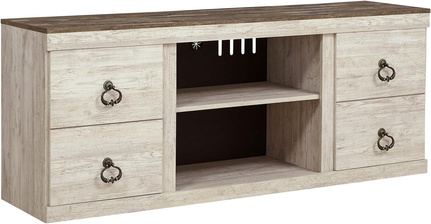 imageSignature Design by Ashley Entertainment Accessories Vintage 64quot TV Stand with Electric Fireplace and LED Lights for TVs up to 72quot WhitewashWhitewash