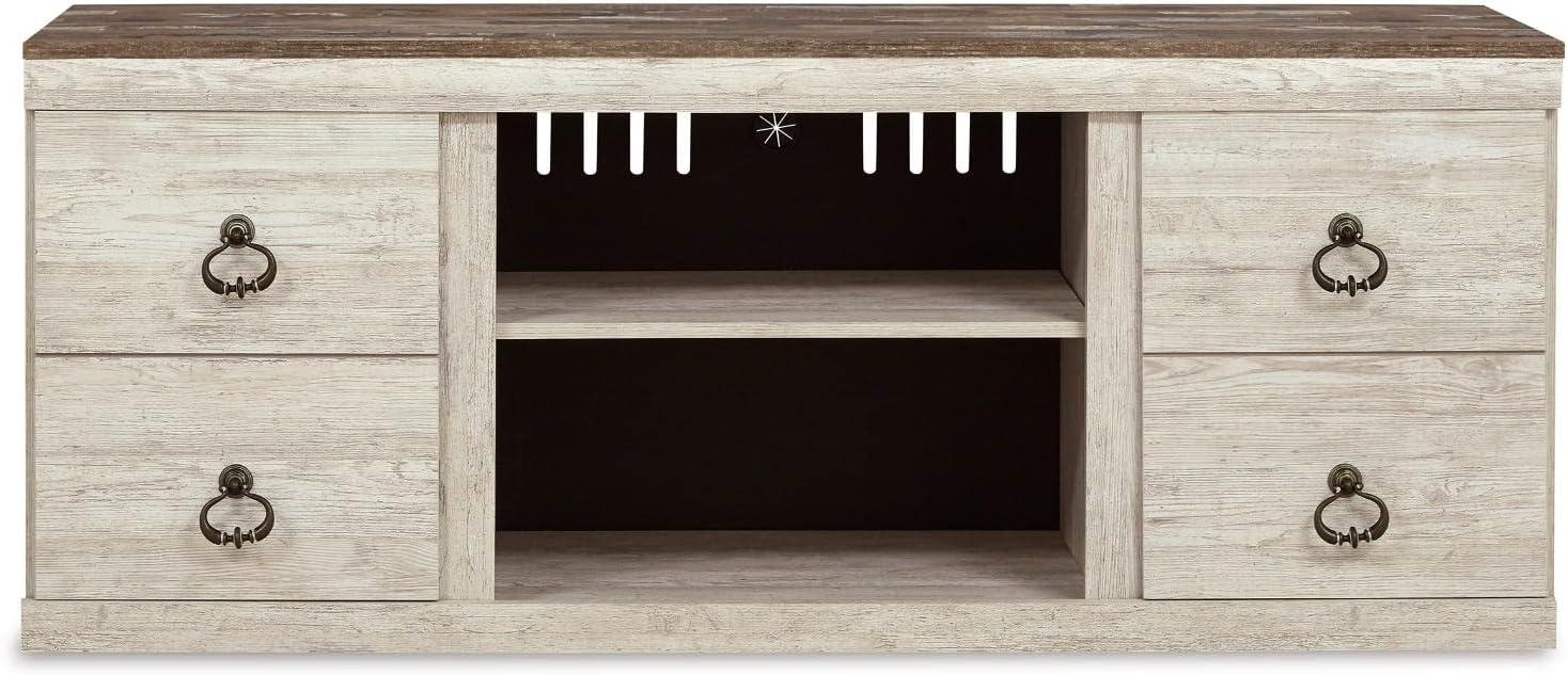 imageSignature Design by Ashley Entertainment Accessories Vintage 64quot TV Stand with Electric Fireplace and LED Lights for TVs up to 72quot WhitewashWhitewash