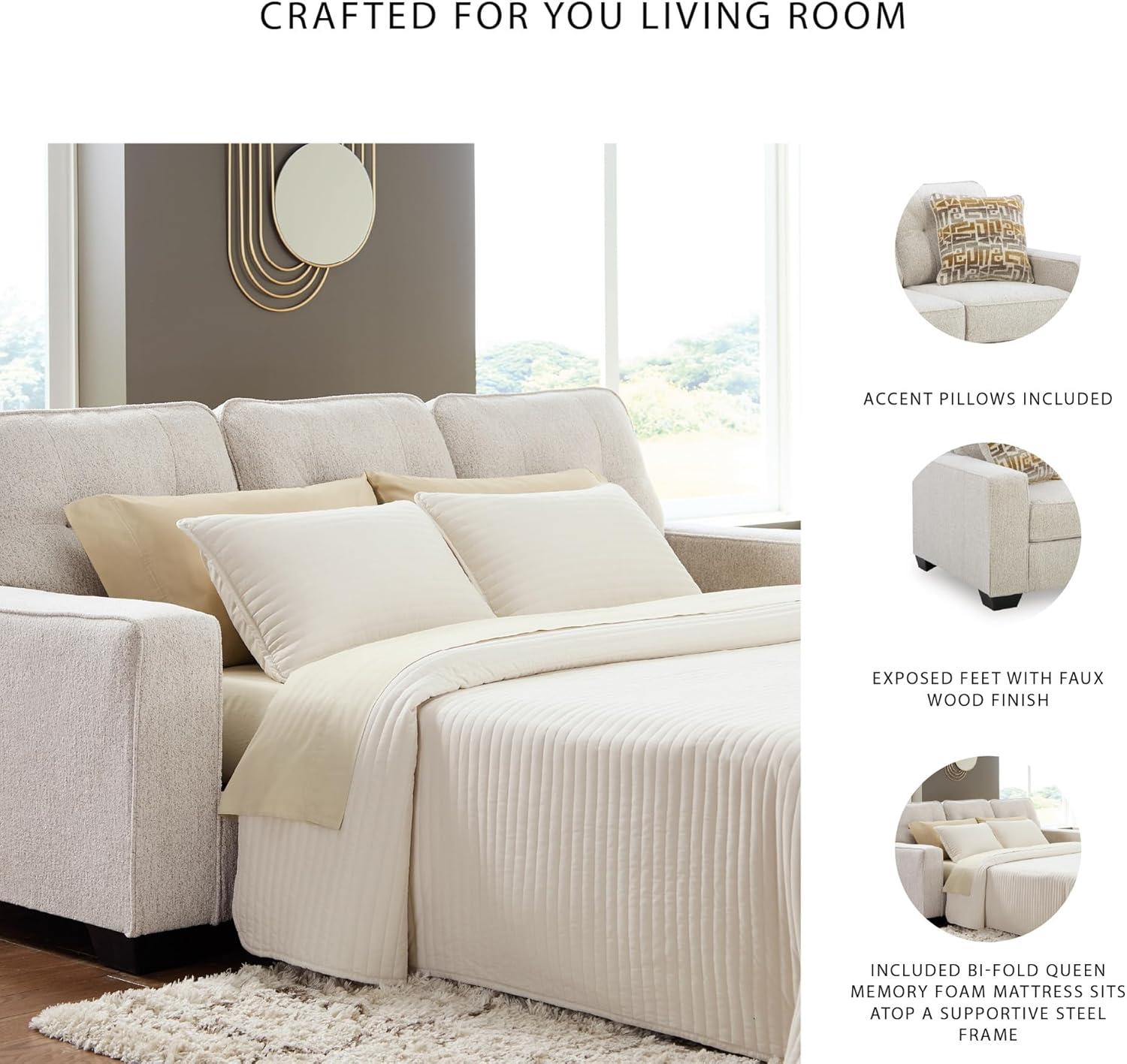 imageSignature Design by Ashley Fanciful Classic Sofa Sleeper with Tufted Cushion Removable Cushion and BiFold Memory Foam Mattress Queen Light GrayBeige