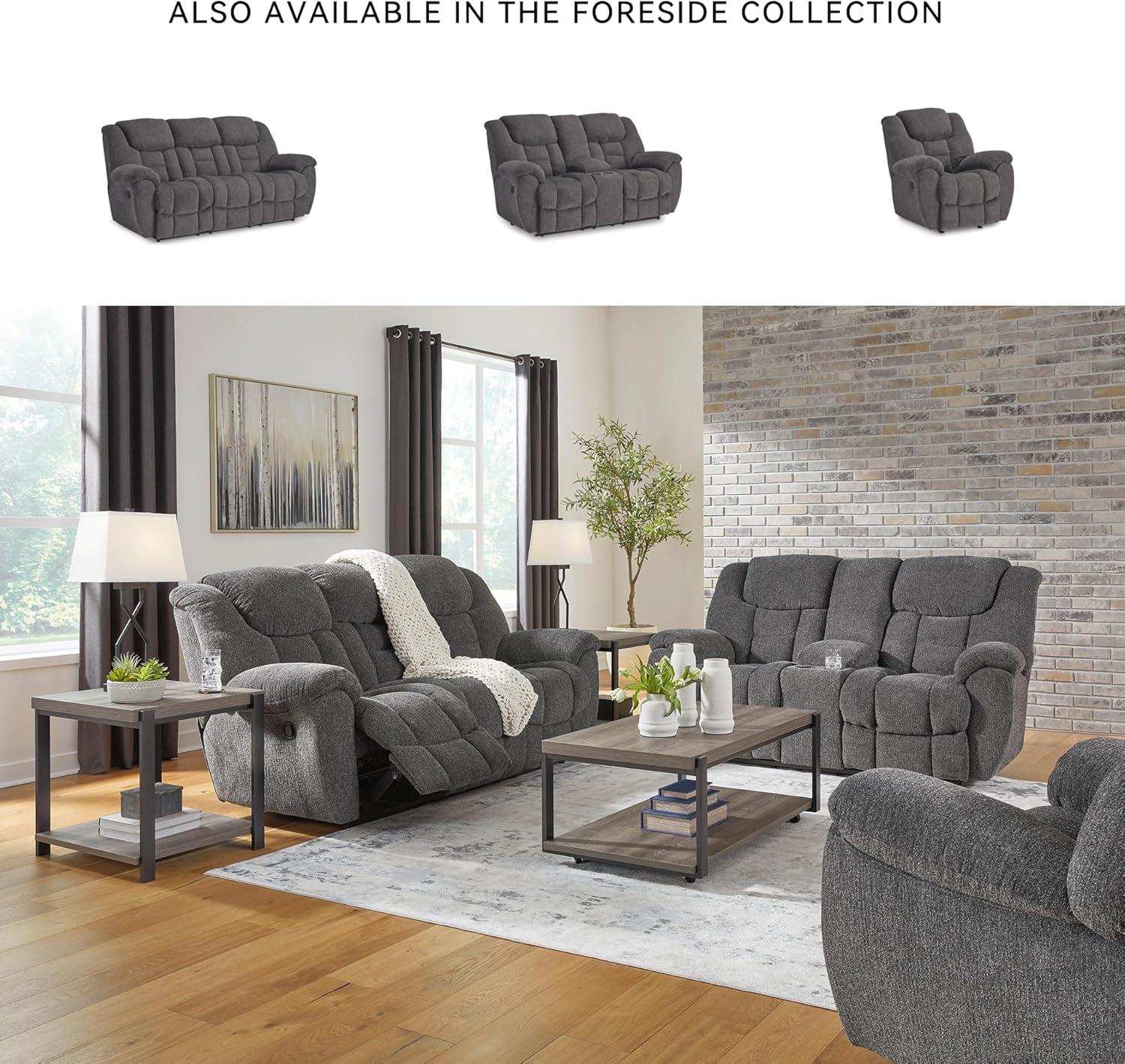 imageSignature Design by Ashley Foreside Contemporary Stain Resistant Manual Double Reclining Loveseat with Console Storage and Cup Holders GrayReclining Loveseat with Console
