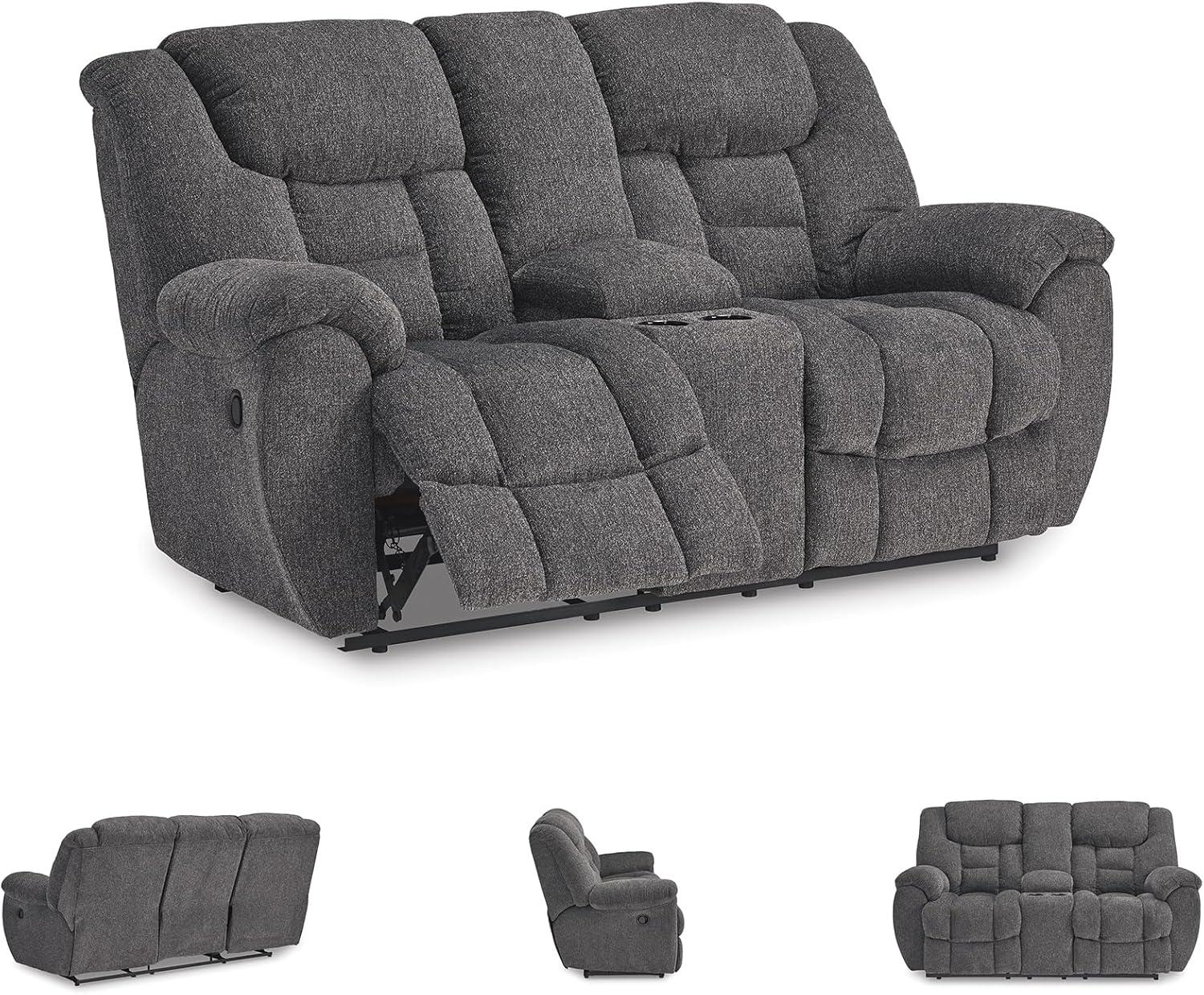 imageSignature Design by Ashley Foreside Contemporary Stain Resistant Manual Double Reclining Loveseat with Console Storage and Cup Holders GrayReclining Loveseat with Console