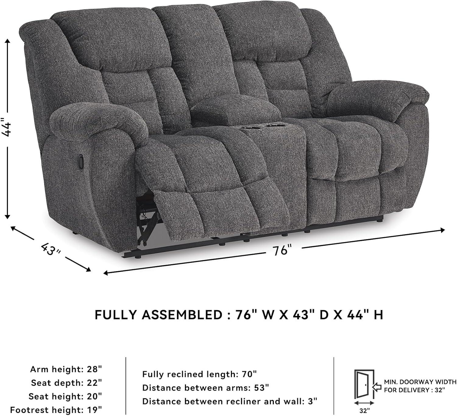 imageSignature Design by Ashley Foreside Contemporary Stain Resistant Manual Double Reclining Loveseat with Console Storage and Cup Holders GrayReclining Loveseat with Console