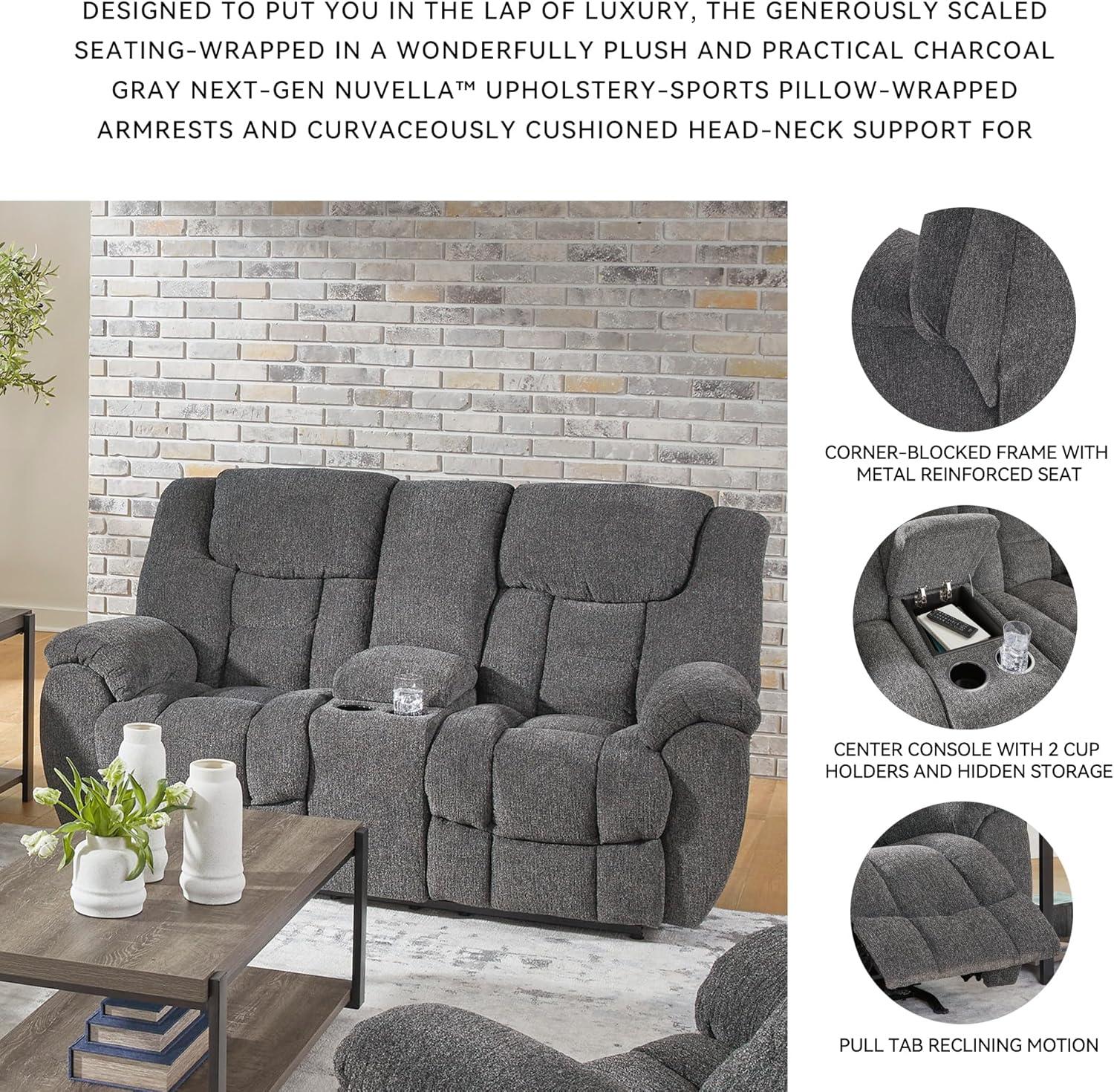 imageSignature Design by Ashley Foreside Contemporary Stain Resistant Manual Double Reclining Loveseat with Console Storage and Cup Holders GrayReclining Loveseat with Console