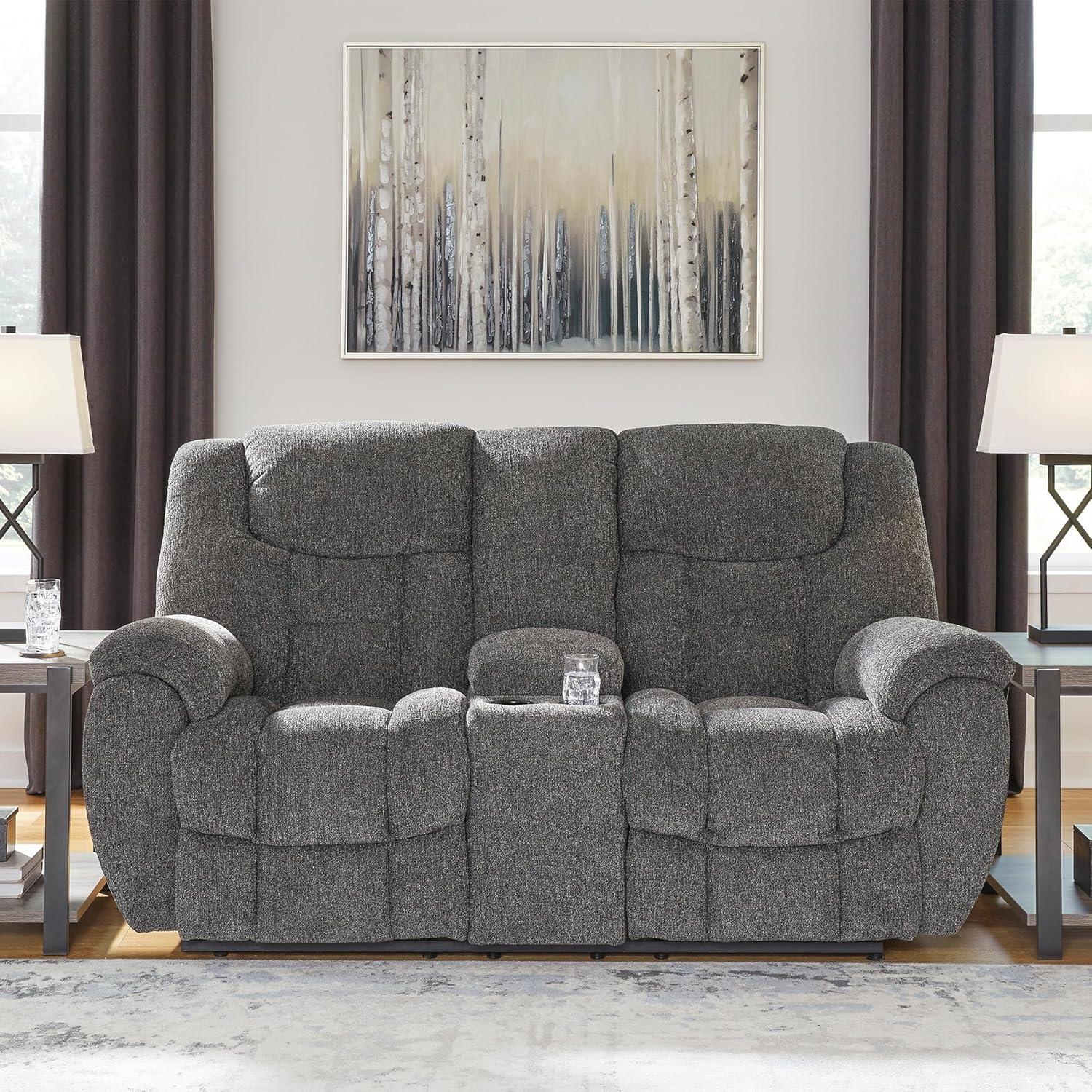 imageSignature Design by Ashley Foreside Contemporary Stain Resistant Manual Double Reclining Loveseat with Console Storage and Cup Holders GrayReclining Loveseat with Console