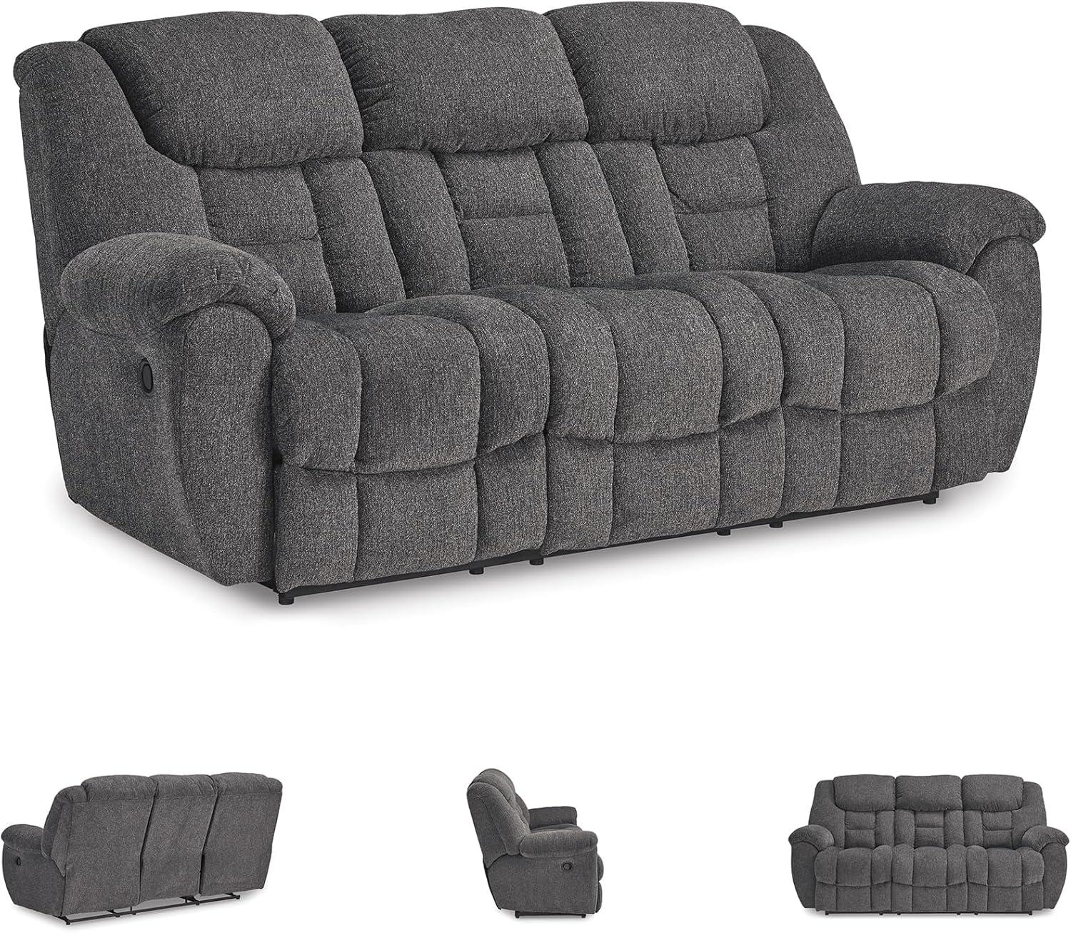 imageSignature Design by Ashley Foreside Contemporary Stain Resistant Manual Double Reclining Loveseat with Console Storage and Cup Holders GrayReclining Sofa