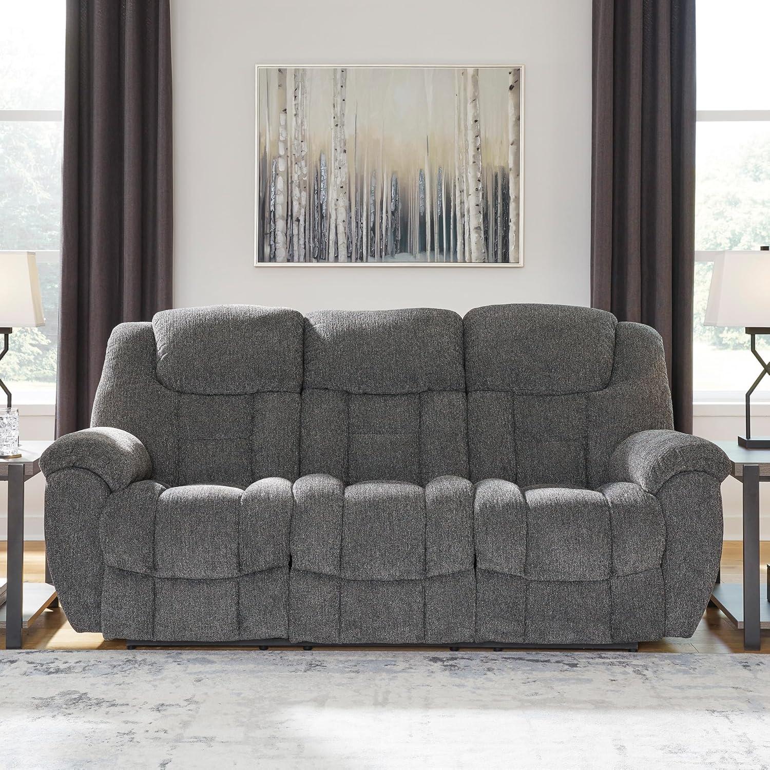imageSignature Design by Ashley Foreside Contemporary Stain Resistant Manual Double Reclining Loveseat with Console Storage and Cup Holders GrayReclining Sofa