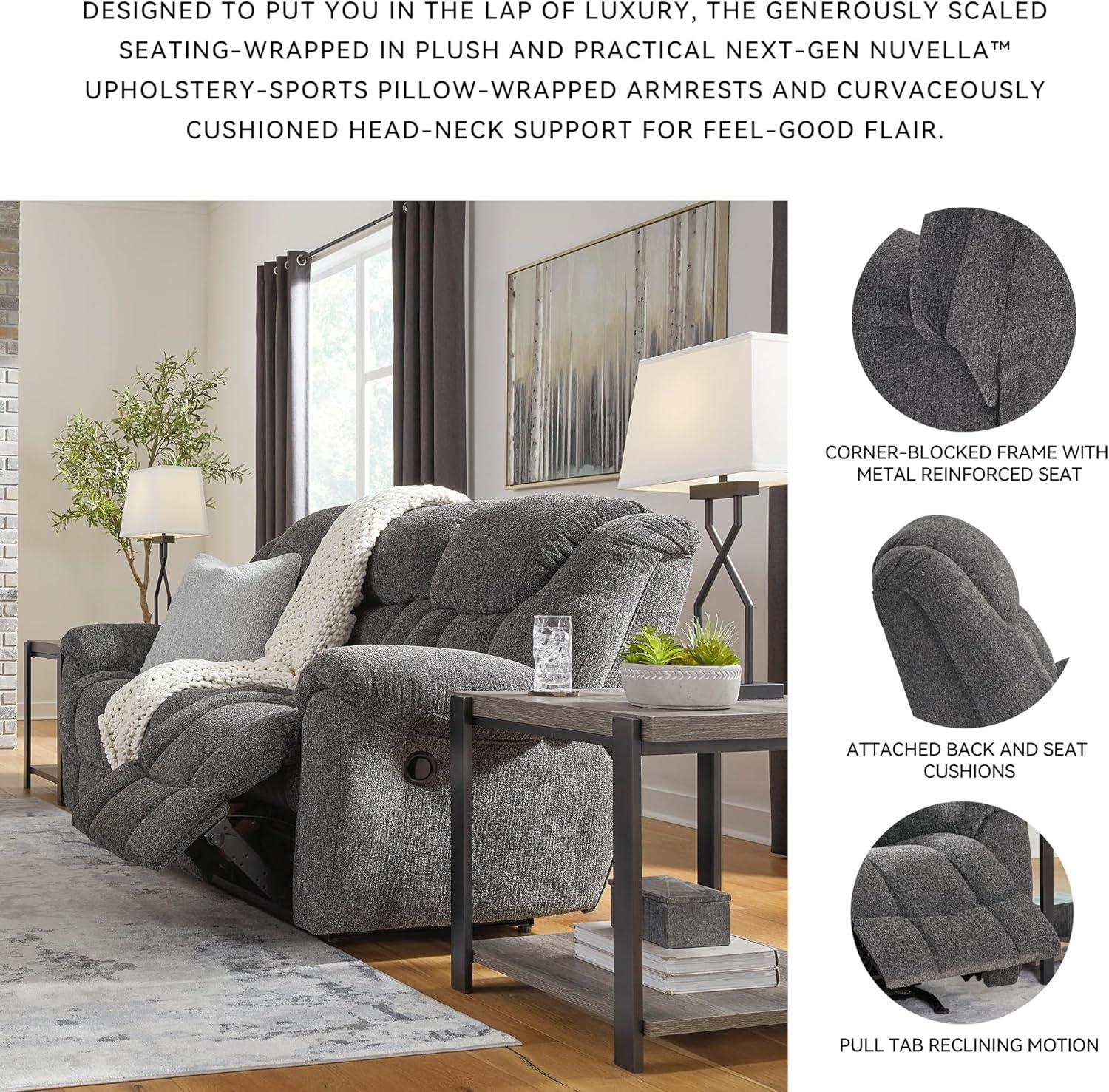 imageSignature Design by Ashley Foreside Contemporary Stain Resistant Manual Double Reclining Loveseat with Console Storage and Cup Holders GrayReclining Sofa