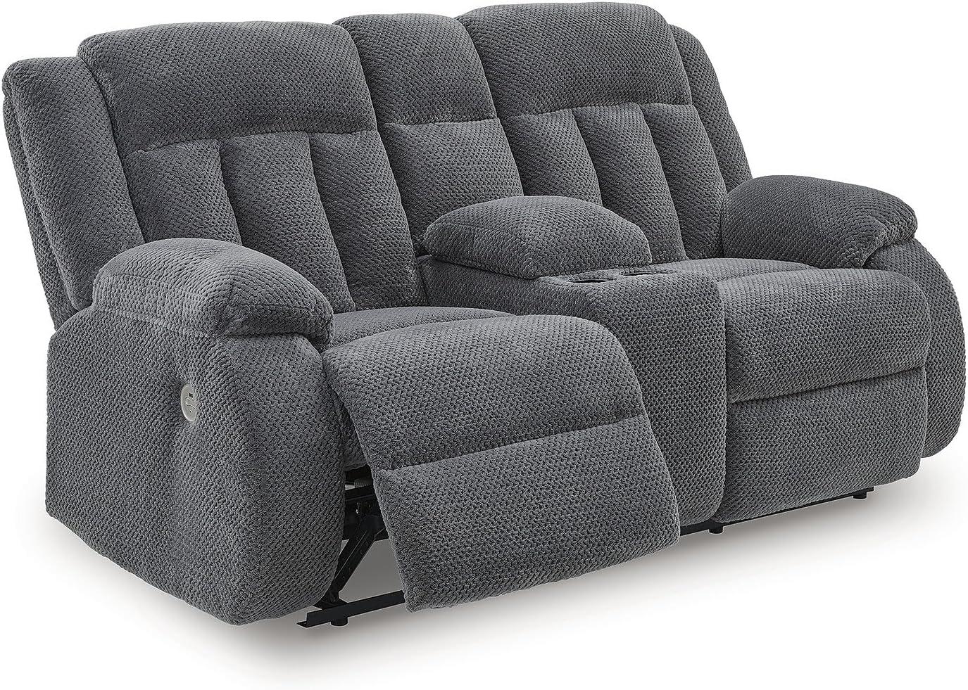 imageSignature Design by Ashley Free Wake Modern Power Reclining Loveseat with Console USB Charging Port Storage and 2 Cup Holders Gray