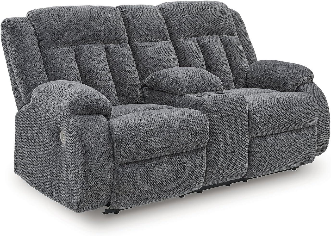 imageSignature Design by Ashley Free Wake Modern Power Reclining Loveseat with Console USB Charging Port Storage and 2 Cup Holders Gray