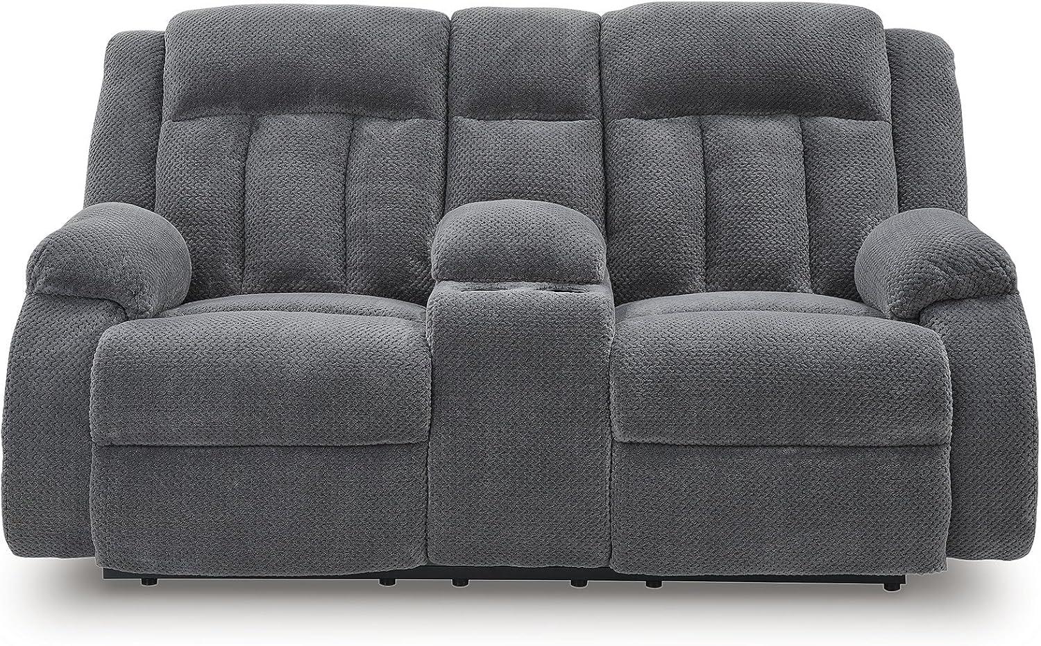 imageSignature Design by Ashley Free Wake Modern Power Reclining Loveseat with Console USB Charging Port Storage and 2 Cup Holders Gray