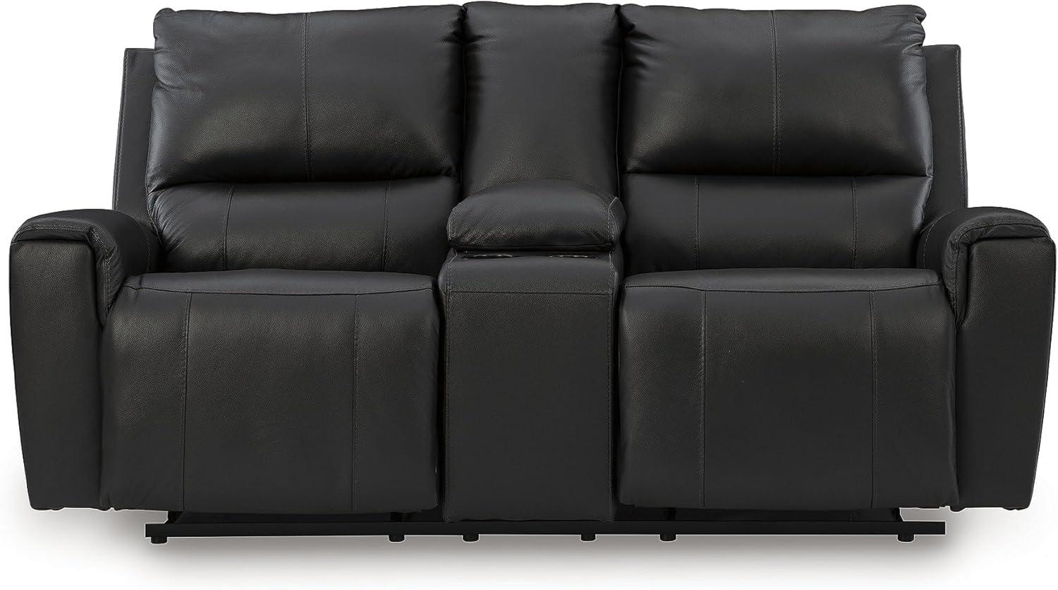 imageSignature Design by Ashley Glassmere Contemporary Leather Match Reclining Loveseat with Console 2 Cup Holders and Storage Black