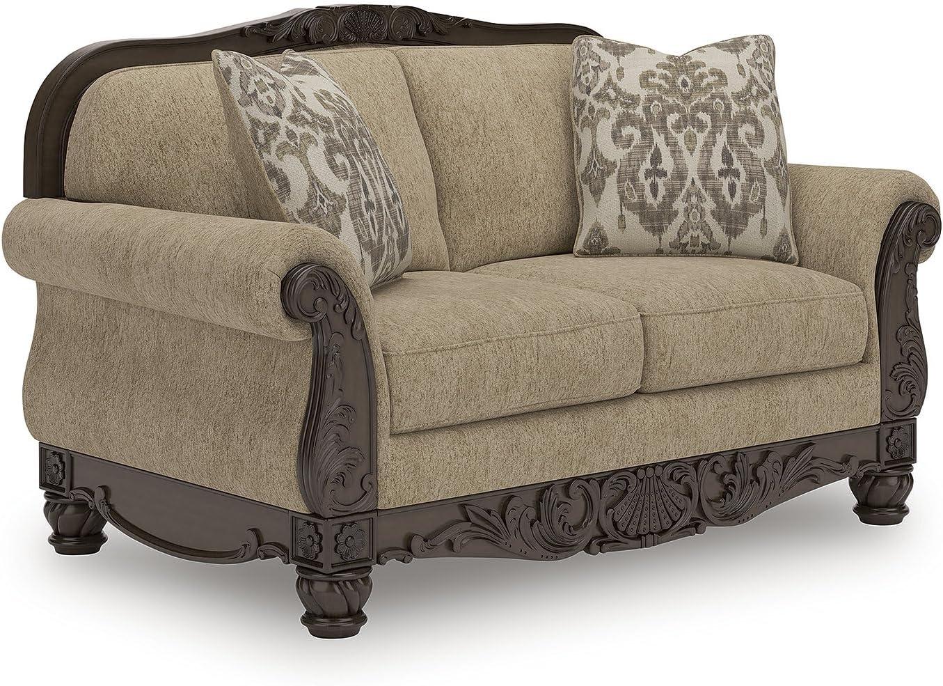 imageSignature Design by Ashley Havenworth Classic Anti Sag Loveseat with Reversible Seat Cushion and 2 Accent Pillows Beige ampamp Dark Brown