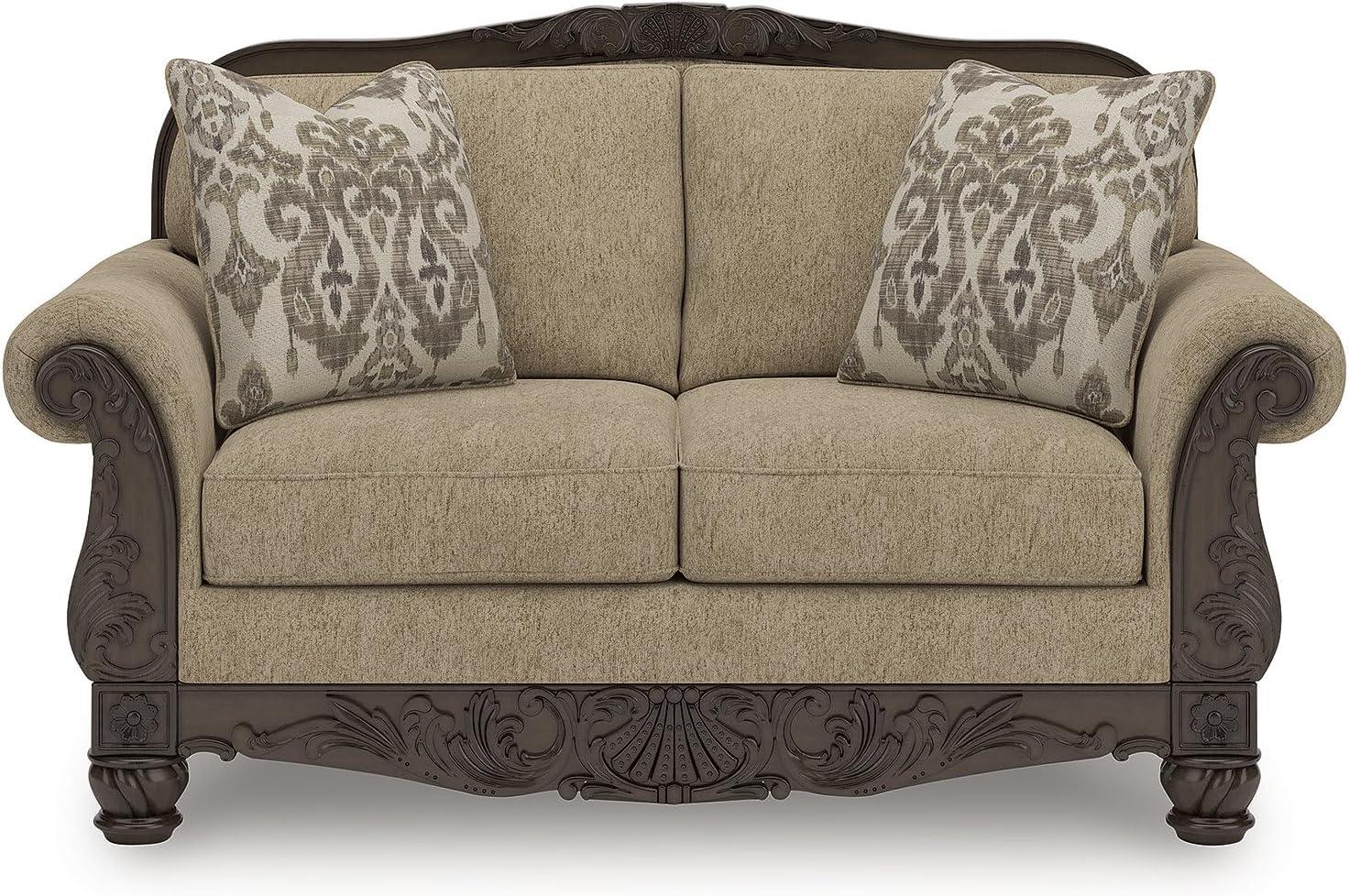 imageSignature Design by Ashley Havenworth Classic Anti Sag Loveseat with Reversible Seat Cushion and 2 Accent Pillows Beige ampamp Dark Brown