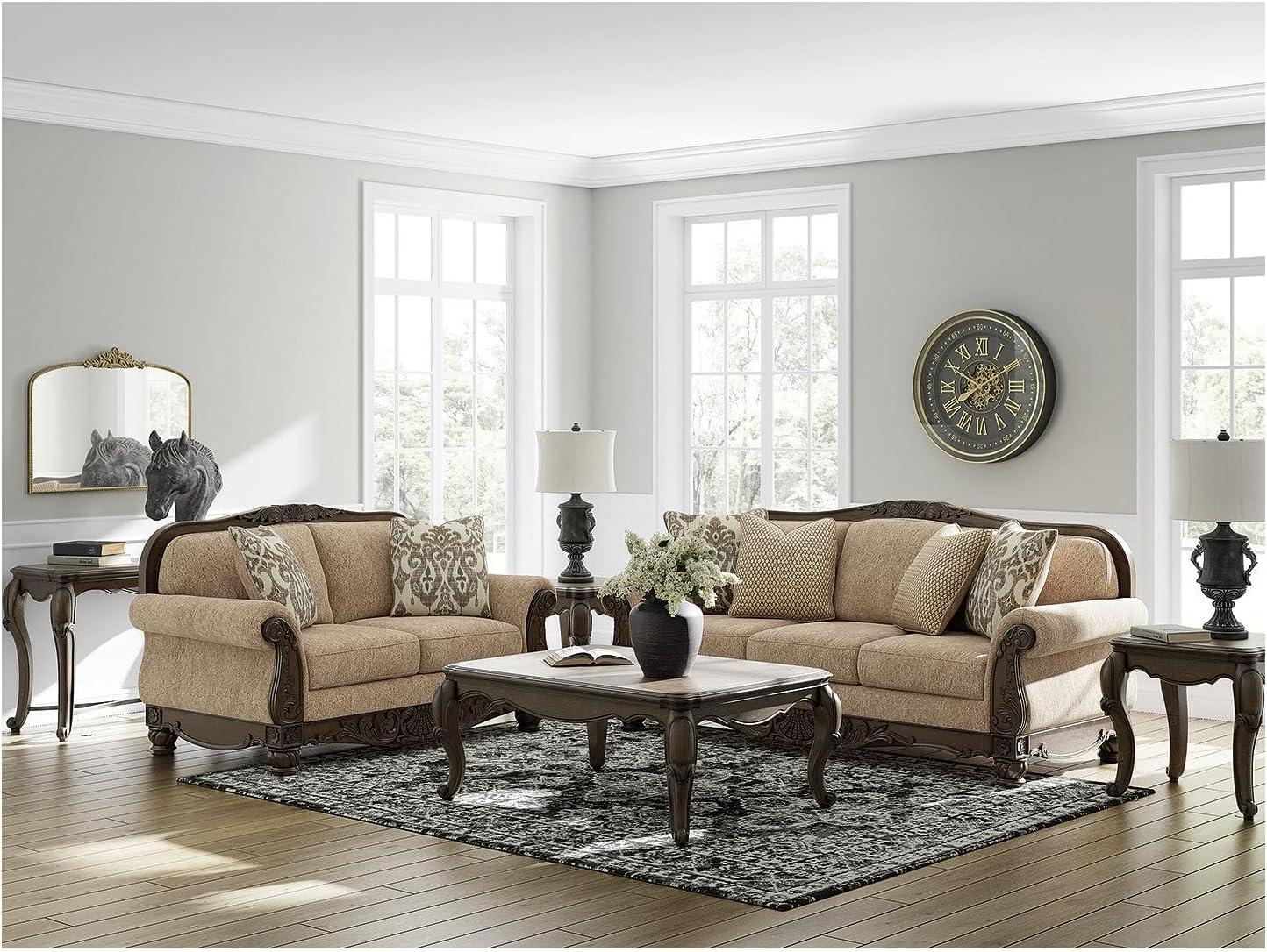 imageSignature Design by Ashley Havenworth Classic Anti Sag Sofa with Reversible Seat Cushion and 4 Accent Pillows Beige ampamp Dark Brown