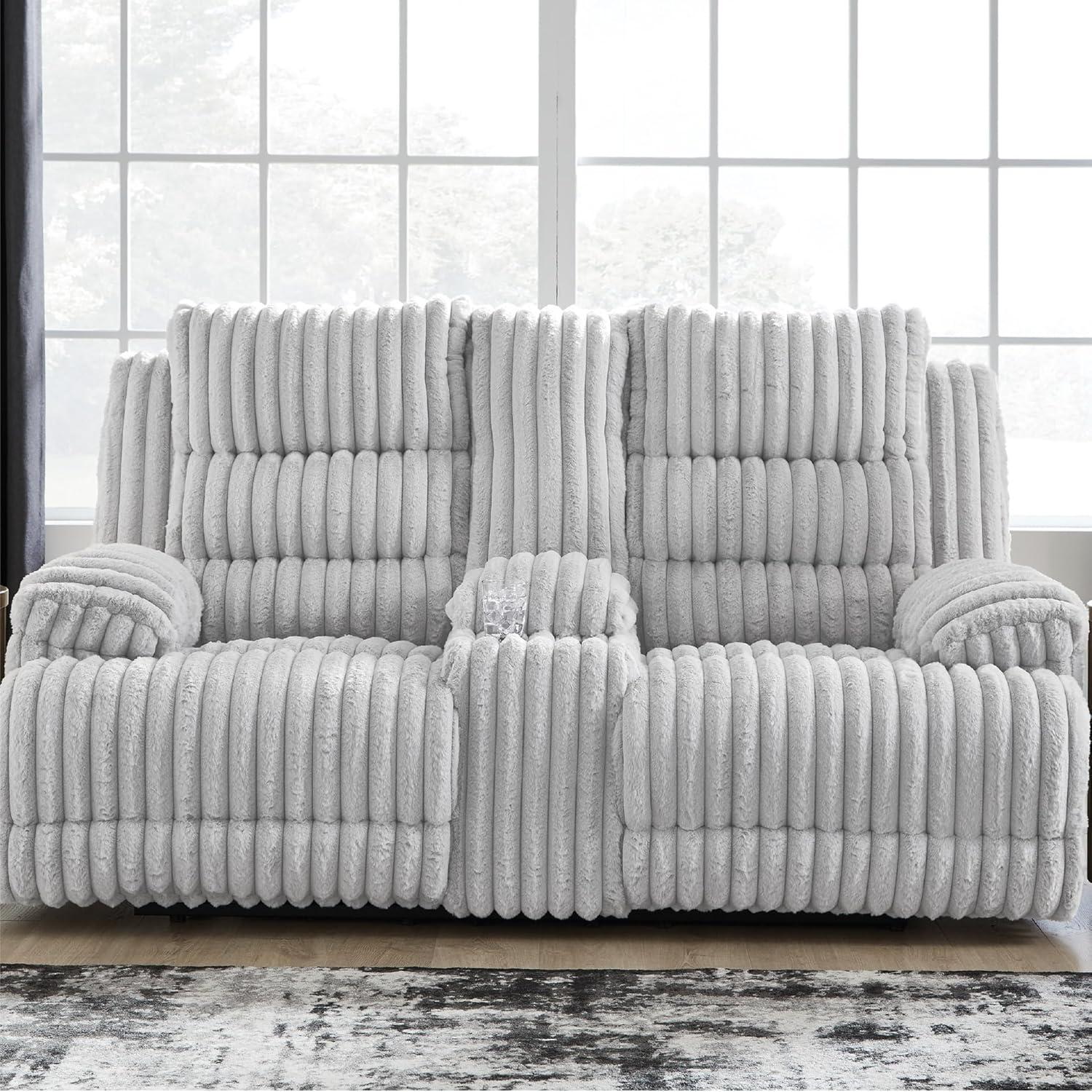 imageSignature Design by Ashley Higgesbee Contemporary Power Reclining Loveseat with Console USB Charging Port Storage and 2 Cup Holders Light Gray