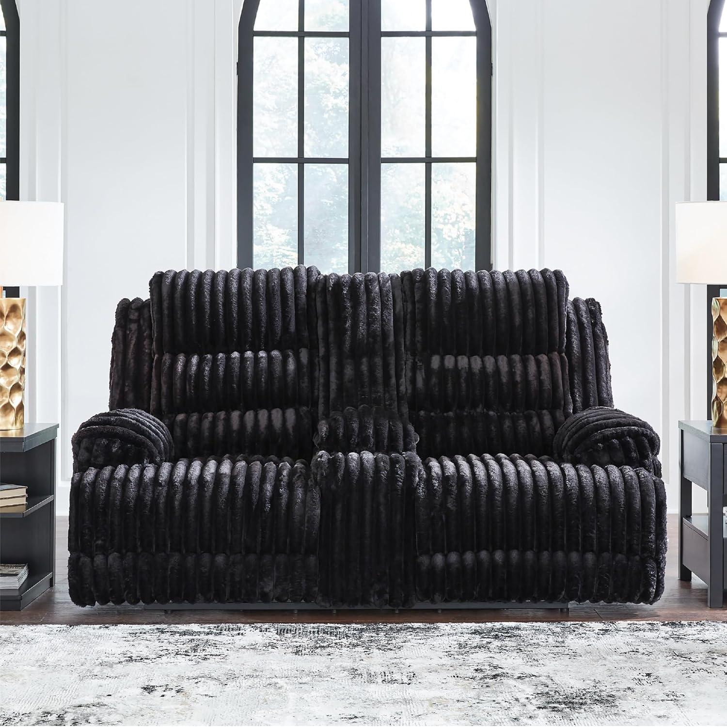 imageSignature Design by Ashley Higgesbee Contemporary Reclining Loveseat with Console USB Charging Port Storage and 2 Cup Holders Black