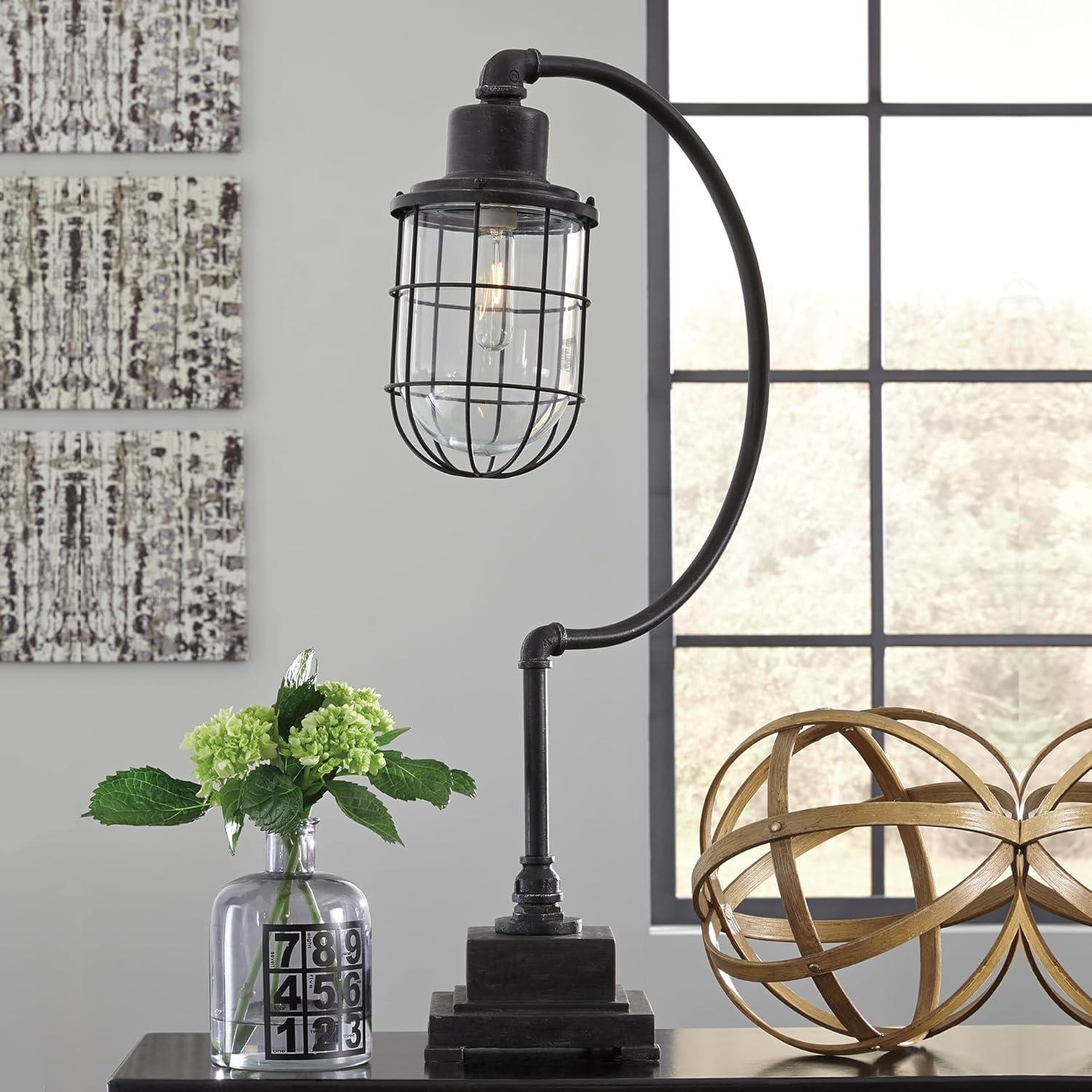 imageSignature Design by Ashley Jae Industrial 3325quot Metal Desk Lamp with Glass Shade Black with Antique Finish