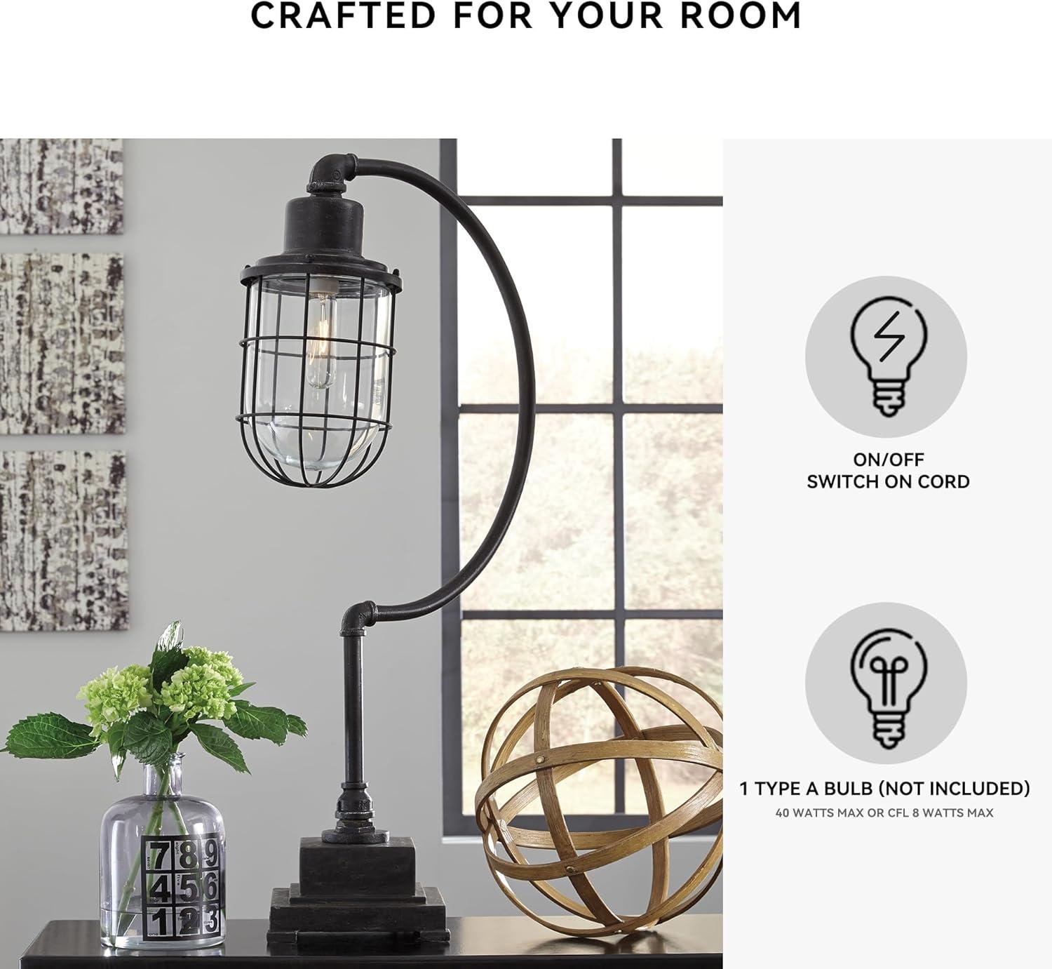 imageSignature Design by Ashley Jae Industrial 3325quot Metal Desk Lamp with Glass Shade Black with Antique Finish
