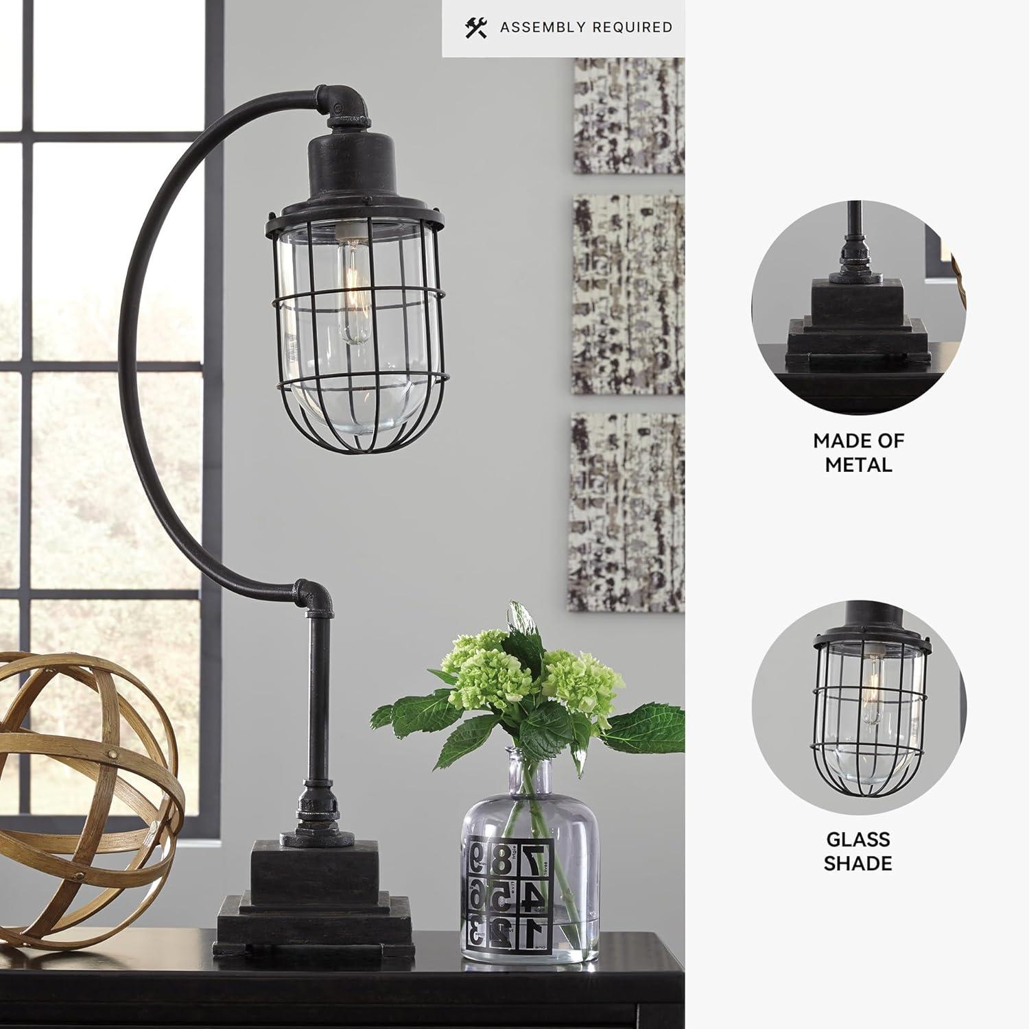 imageSignature Design by Ashley Jae Industrial 3325quot Metal Desk Lamp with Glass Shade Black with Antique Finish