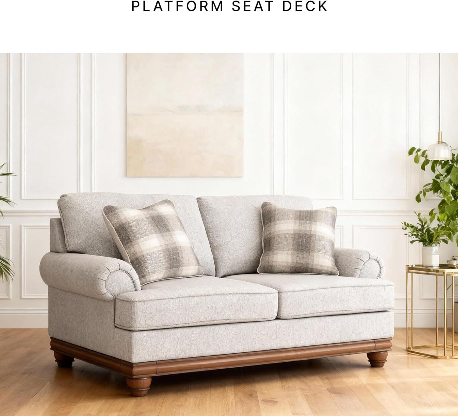 imageSignature Design by Ashley Meadowview Classic Upholstered Loveseat with Reversible Seat Cushions 2 Accent Pillows and Rolled Armrest Light Gray