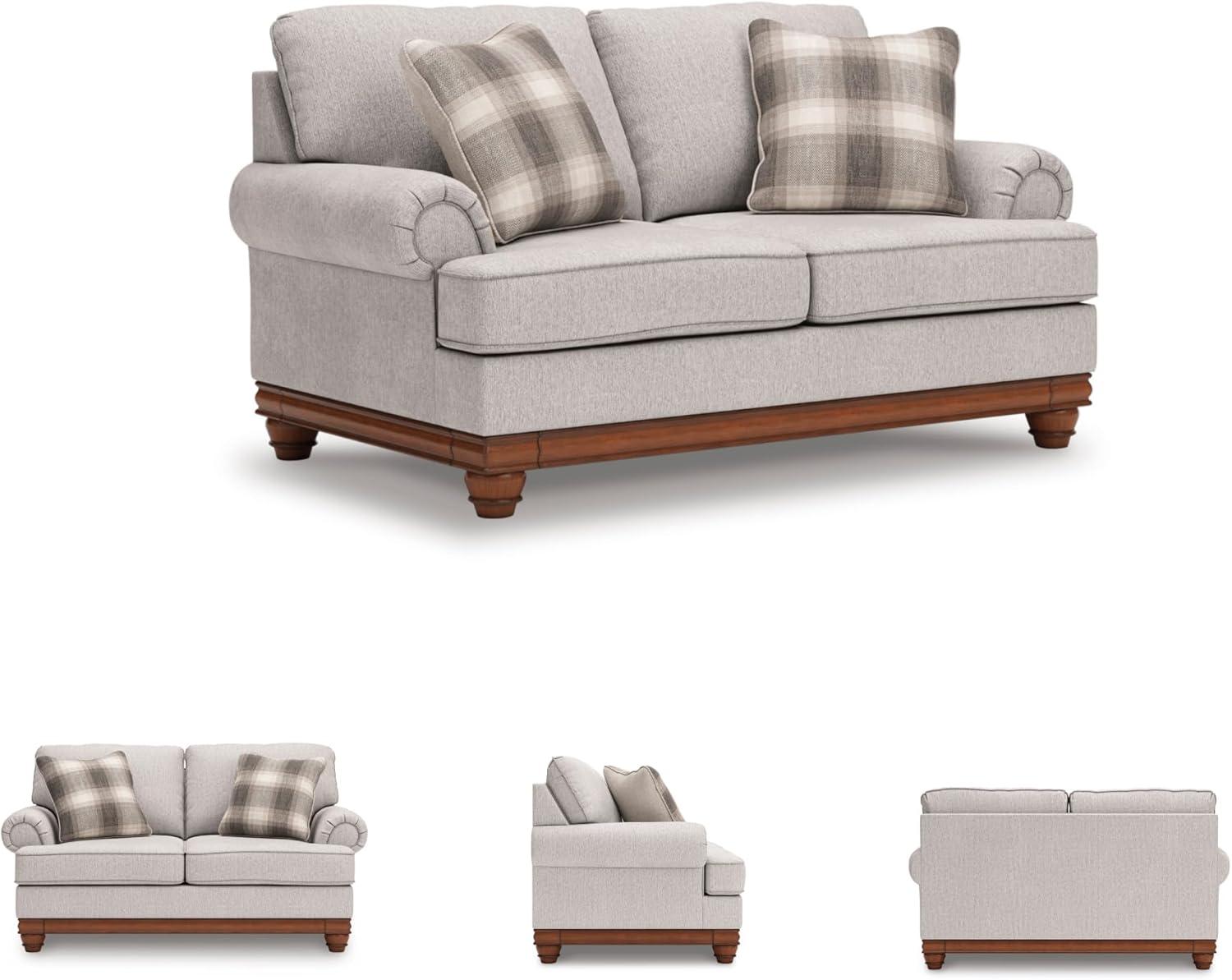 imageSignature Design by Ashley Meadowview Classic Upholstered Loveseat with Reversible Seat Cushions 2 Accent Pillows and Rolled Armrest Light Gray