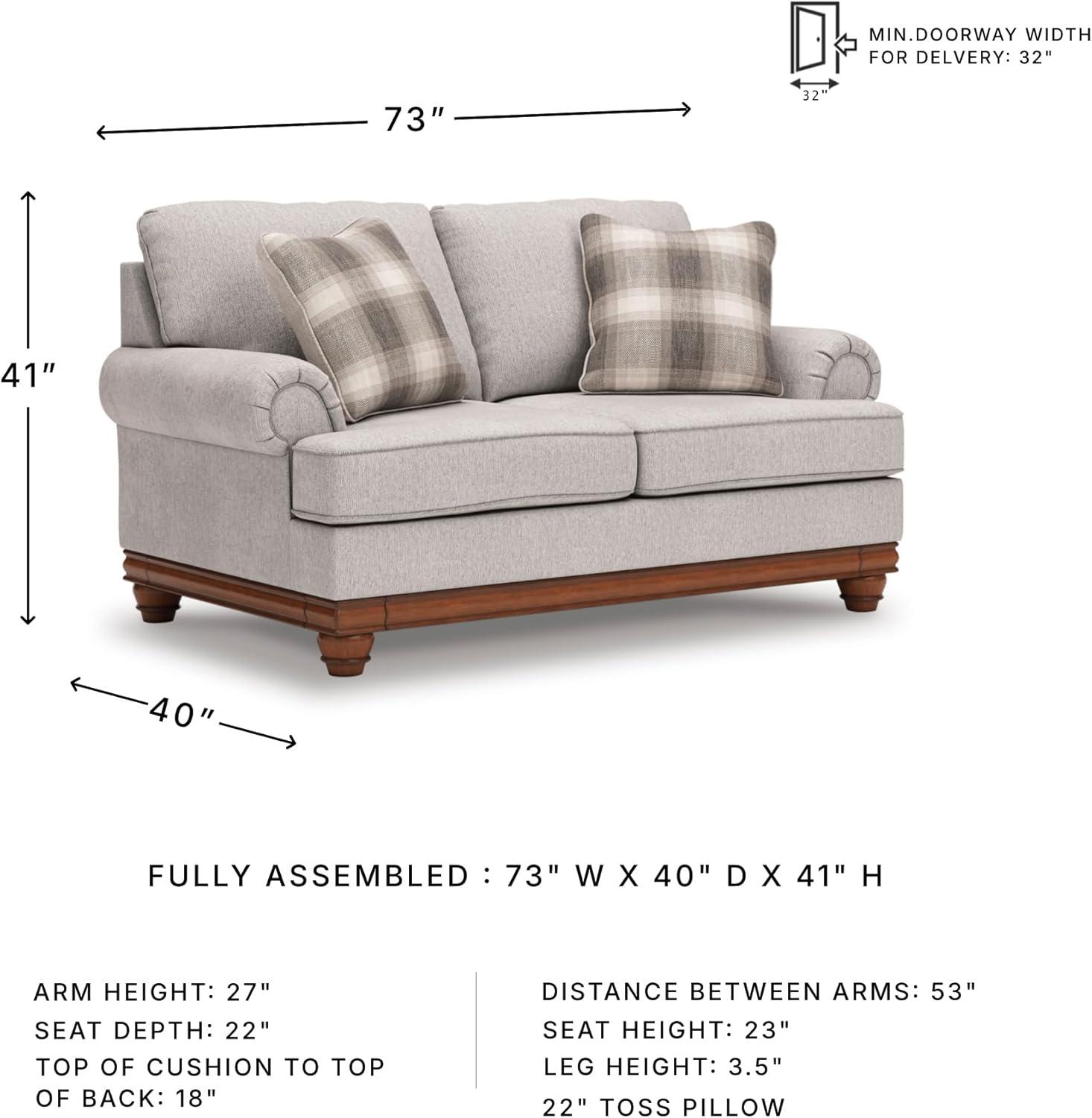 imageSignature Design by Ashley Meadowview Classic Upholstered Loveseat with Reversible Seat Cushions 2 Accent Pillows and Rolled Armrest Light Gray