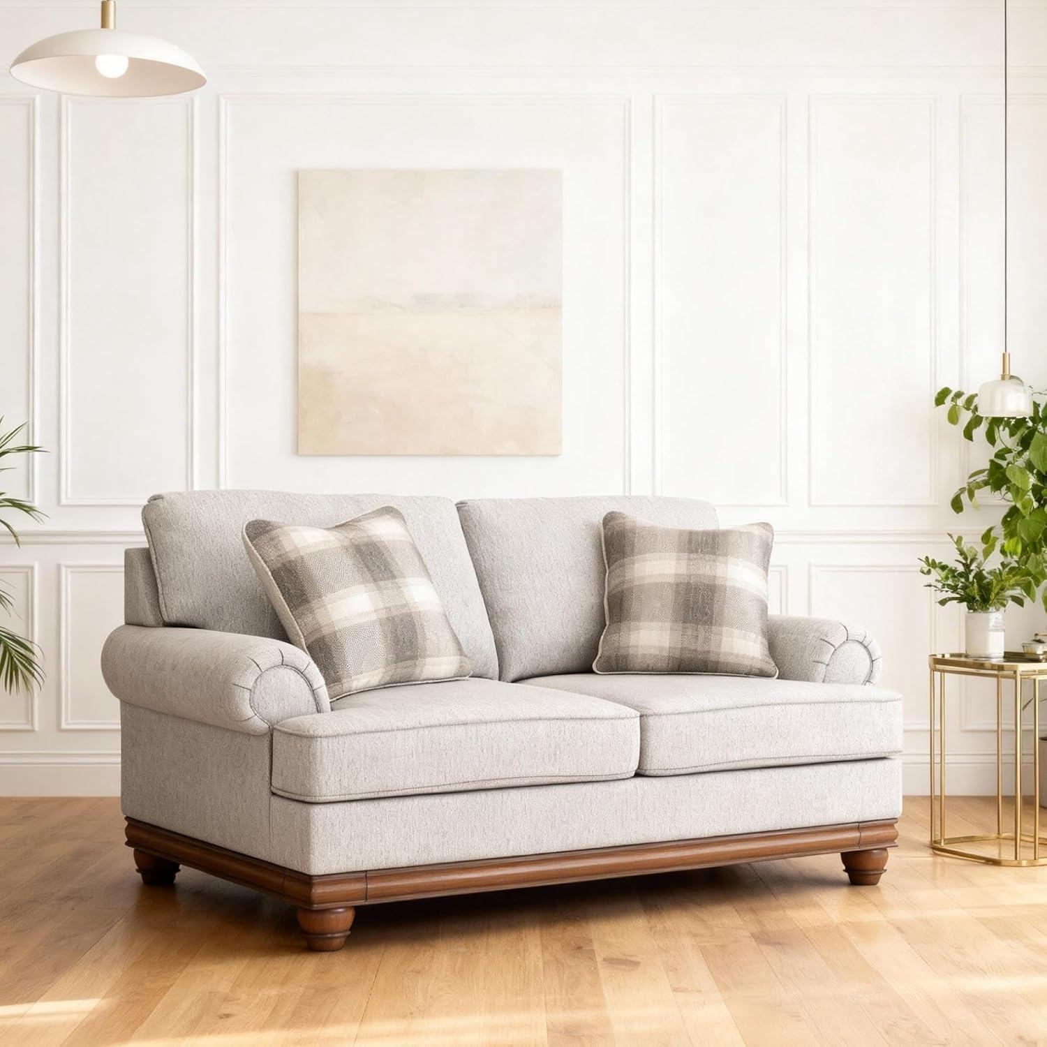 imageSignature Design by Ashley Meadowview Classic Upholstered Loveseat with Reversible Seat Cushions 2 Accent Pillows and Rolled Armrest Light Gray