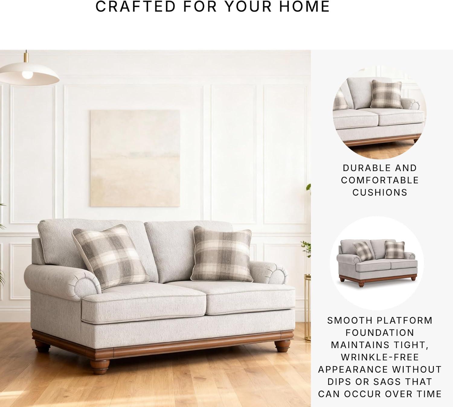 imageSignature Design by Ashley Meadowview Classic Upholstered Loveseat with Reversible Seat Cushions 2 Accent Pillows and Rolled Armrest Light Gray