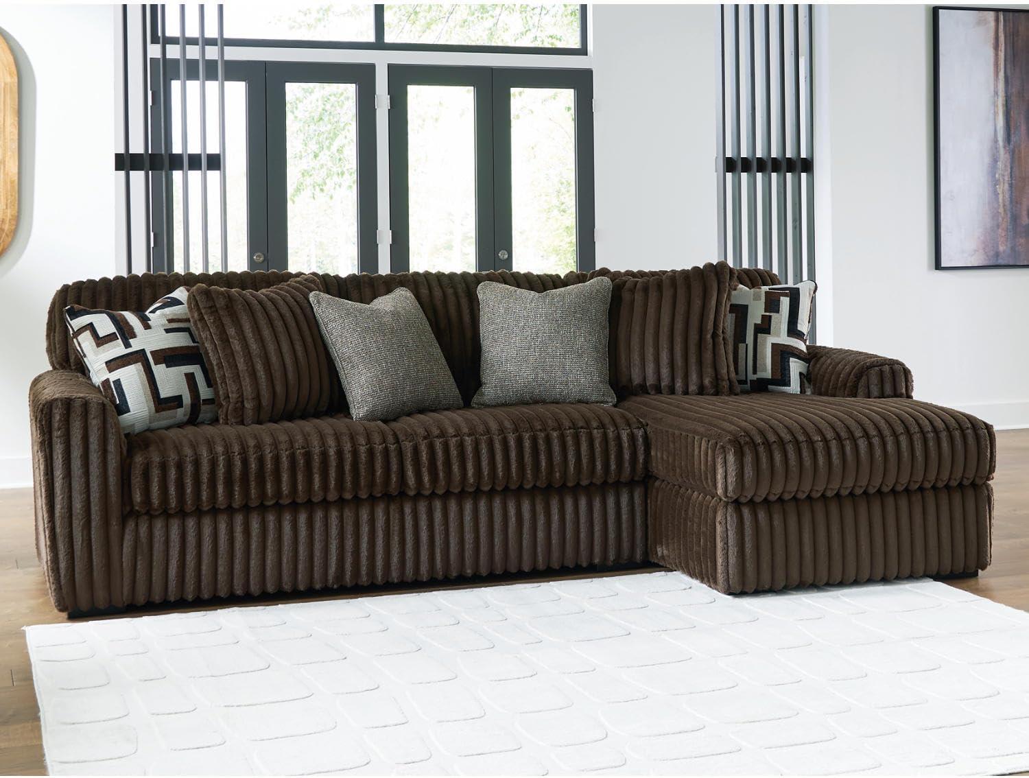 imageSignature Design by Ashley MidnightMadness Casual Anti Sag LeftArm Facing 3Piece Sectional with Chaise Reversible Seat Cushions and 10 Accent Pillows Dark BrownBrown