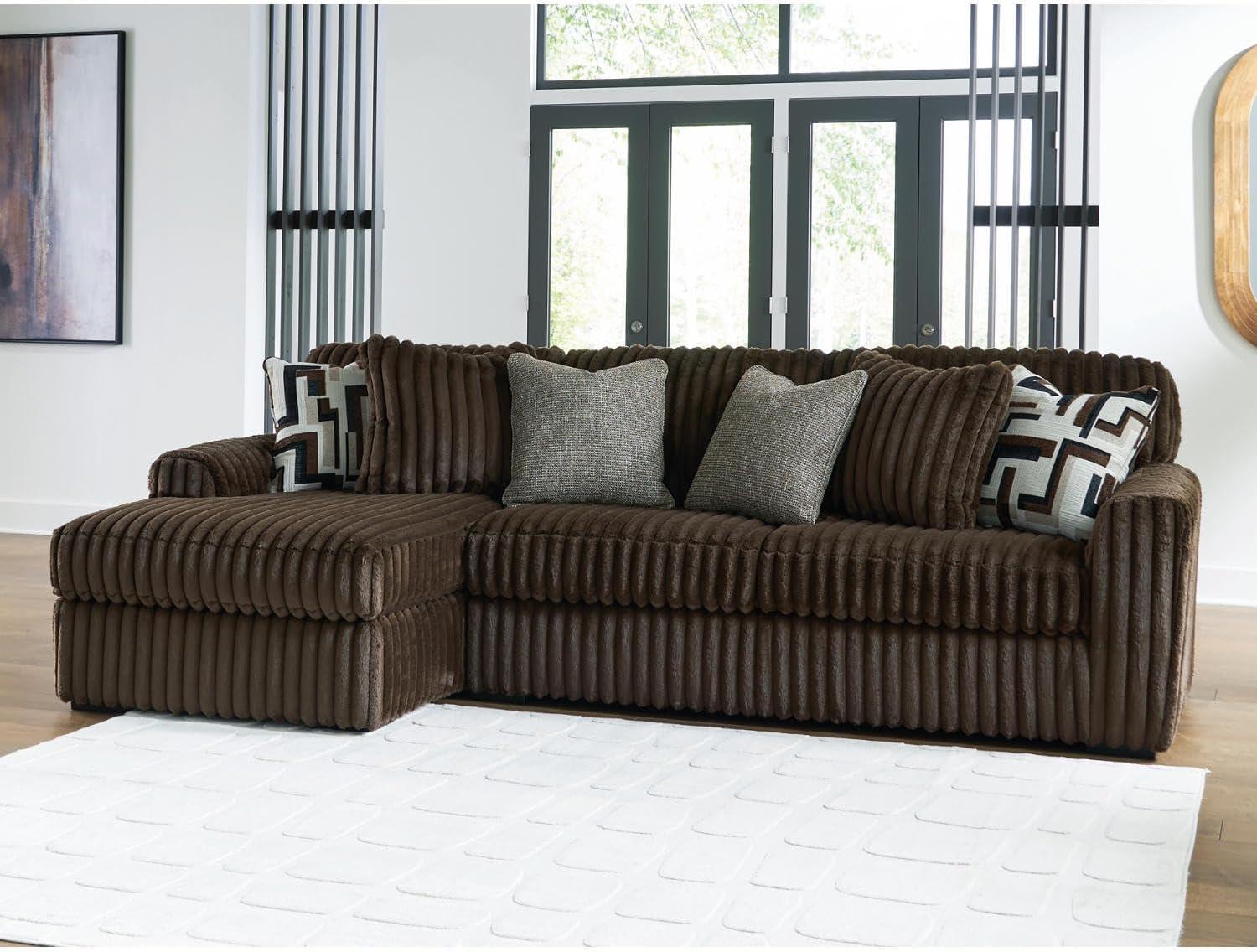 imageSignature Design by Ashley MidnightMadness Casual Anti Sag LeftArm Facing 3Piece Sectional with Chaise Reversible Seat Cushions and 10 Accent Pillows Dark BrownBrown