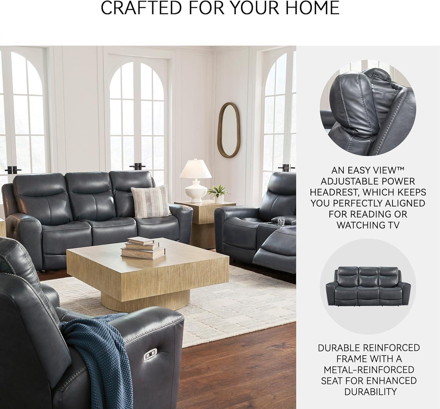 imageSignature Design by Ashley Mighty Moves Contemporary Power Leather Match Reclining Sofa with Position Lock Adjustable Headrest and USB Charging Ports Blue