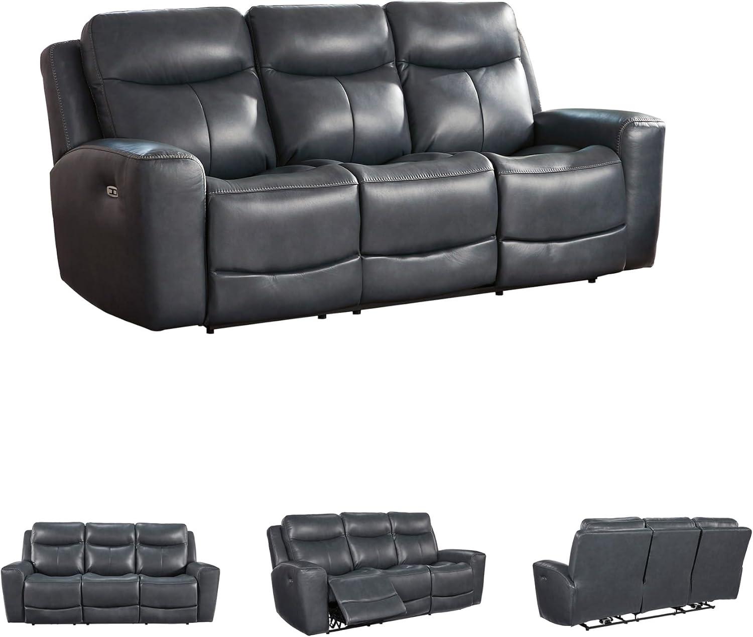 imageSignature Design by Ashley Mighty Moves Contemporary Power Leather Match Reclining Sofa with Position Lock Adjustable Headrest and USB Charging Ports Blue