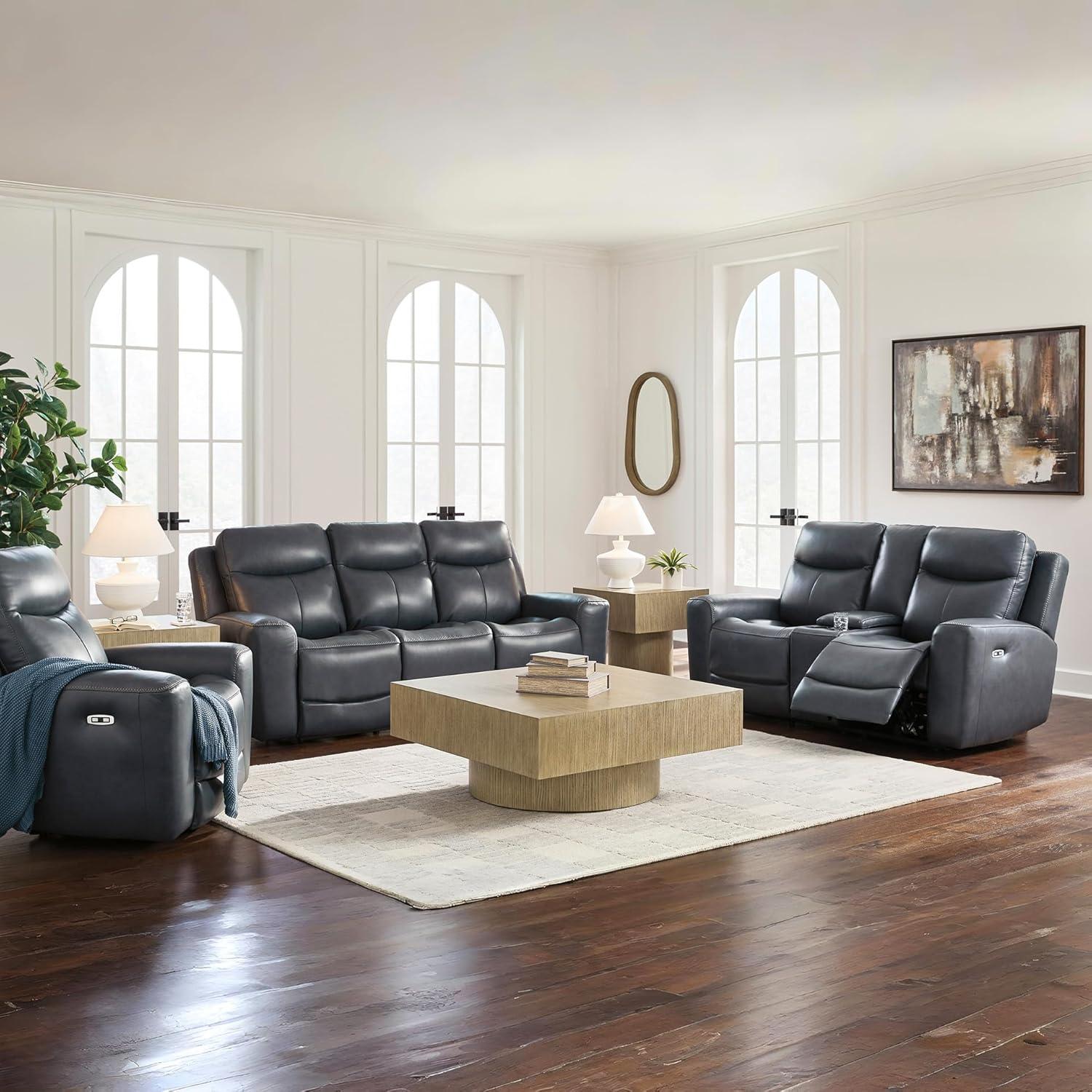 imageSignature Design by Ashley Mighty Moves Contemporary Power Leather Match Reclining Sofa with Position Lock Adjustable Headrest and USB Charging Ports Blue