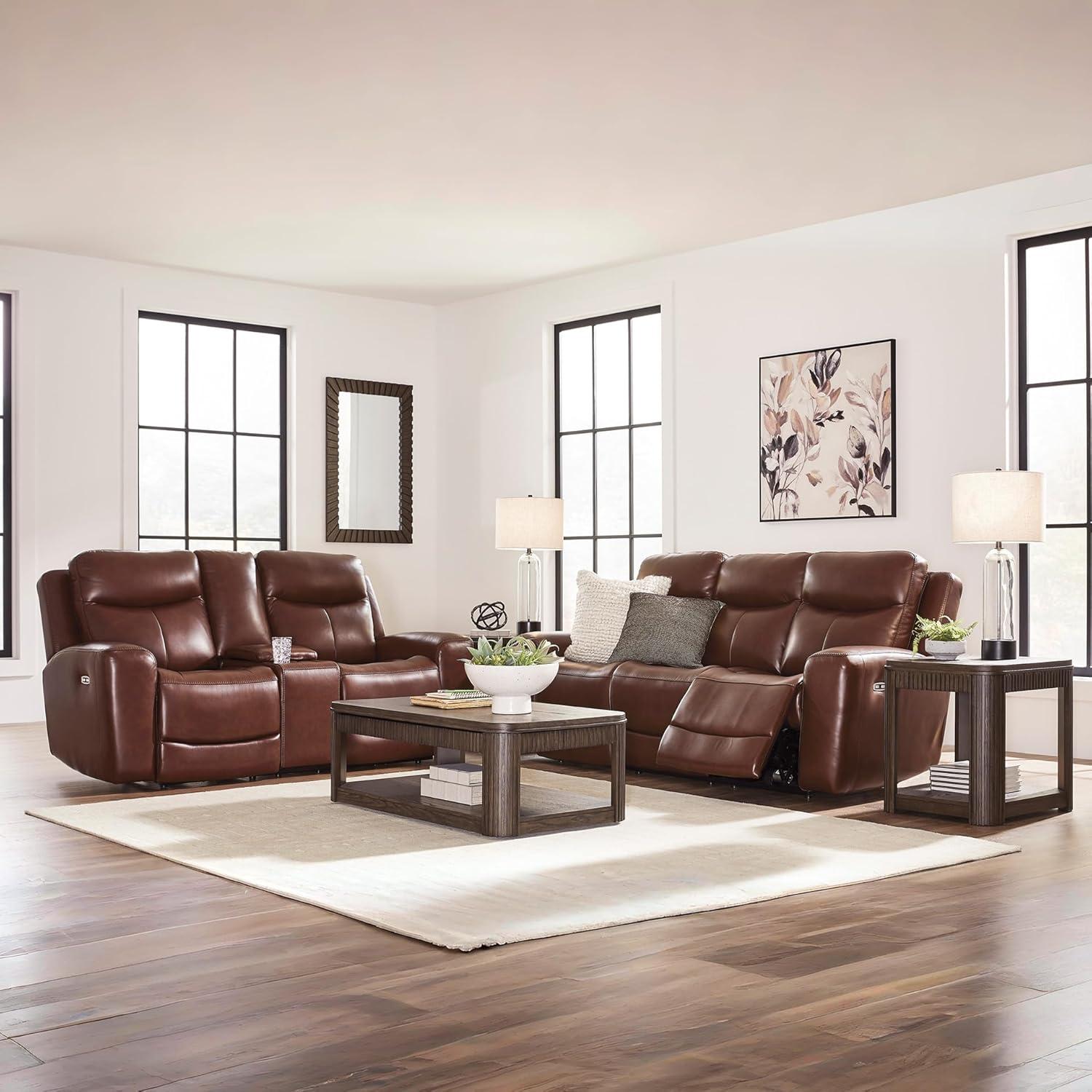 imageSignature Design by Ashley Mighty Moves Transitional Leather Match Power Reclining Loveseat with Console Adjustable Headrest USB Charging Port Storage and 2 Cup Holders Dark Brown