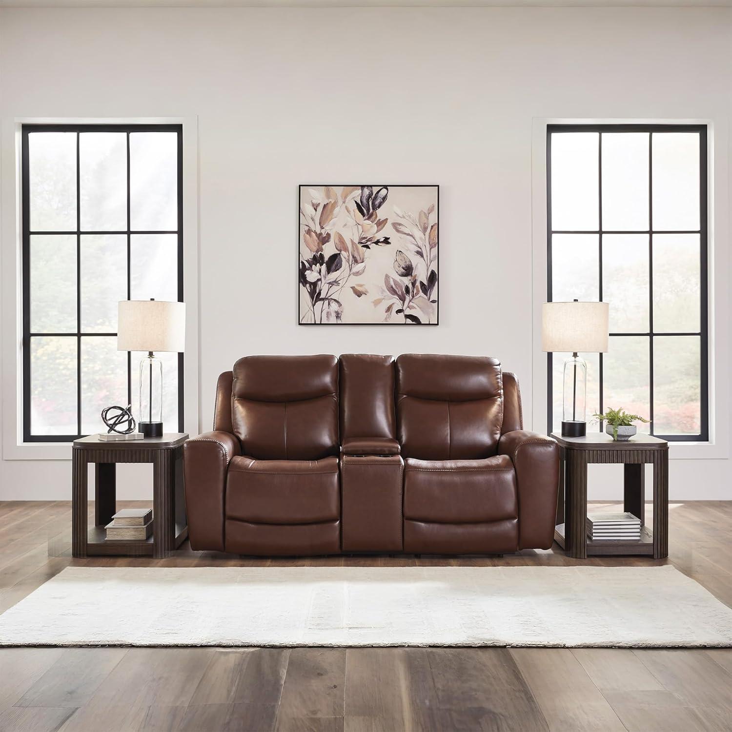 imageSignature Design by Ashley Mighty Moves Transitional Leather Match Power Reclining Loveseat with Console Adjustable Headrest USB Charging Port Storage and 2 Cup Holders Dark Brown