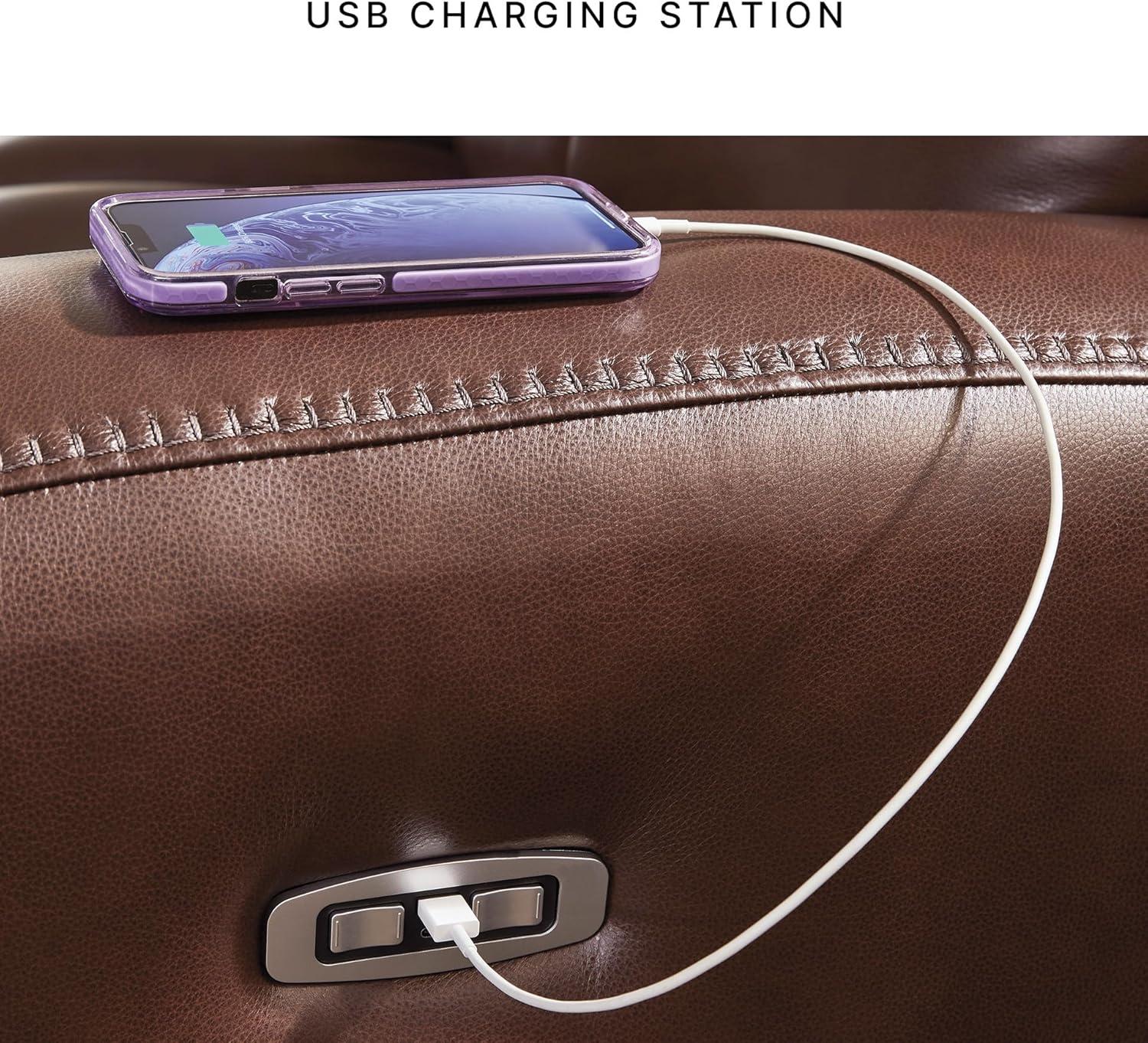 imageSignature Design by Ashley Mighty Moves Transitional Leather Match Power Reclining Sofa with Adjustable Headrest and USB Charging Port Dark Brown