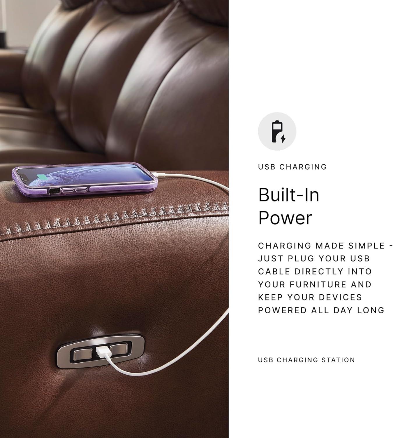 imageSignature Design by Ashley Mighty Moves Transitional Leather Match Power Reclining Sofa with Adjustable Headrest and USB Charging Port Dark Brown