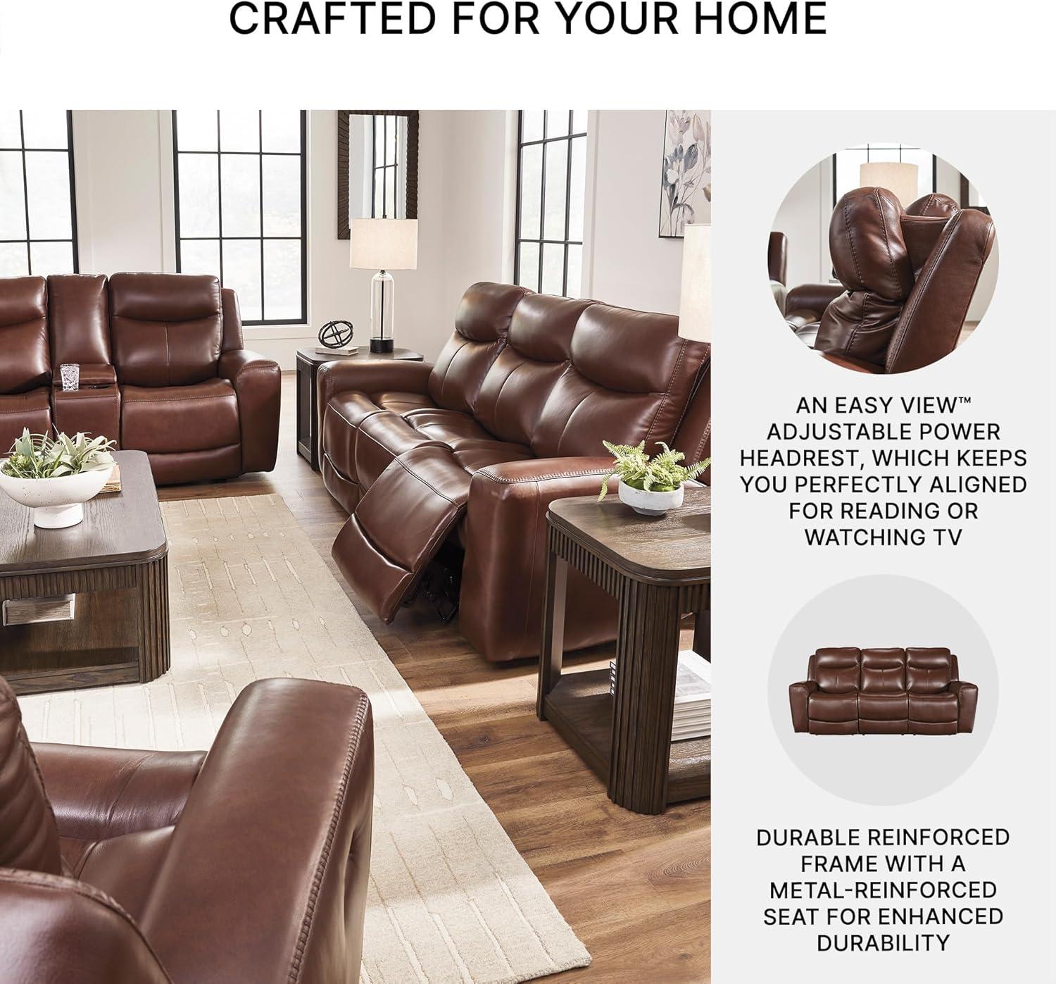 imageSignature Design by Ashley Mighty Moves Transitional Leather Match Power Reclining Sofa with Adjustable Headrest and USB Charging Port Dark Brown