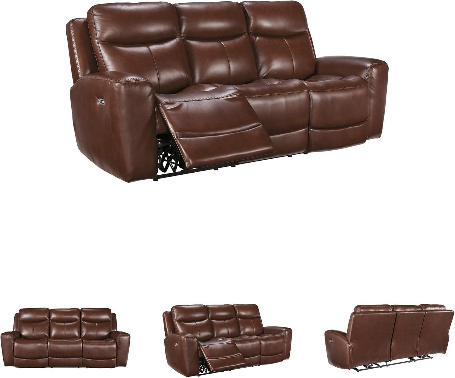 imageSignature Design by Ashley Mighty Moves Transitional Leather Match Power Reclining Sofa with Adjustable Headrest and USB Charging Port Dark Brown