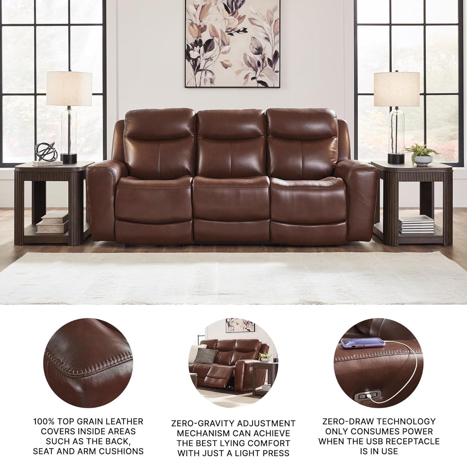 imageSignature Design by Ashley Mighty Moves Transitional Leather Match Power Reclining Sofa with Adjustable Headrest and USB Charging Port Dark Brown