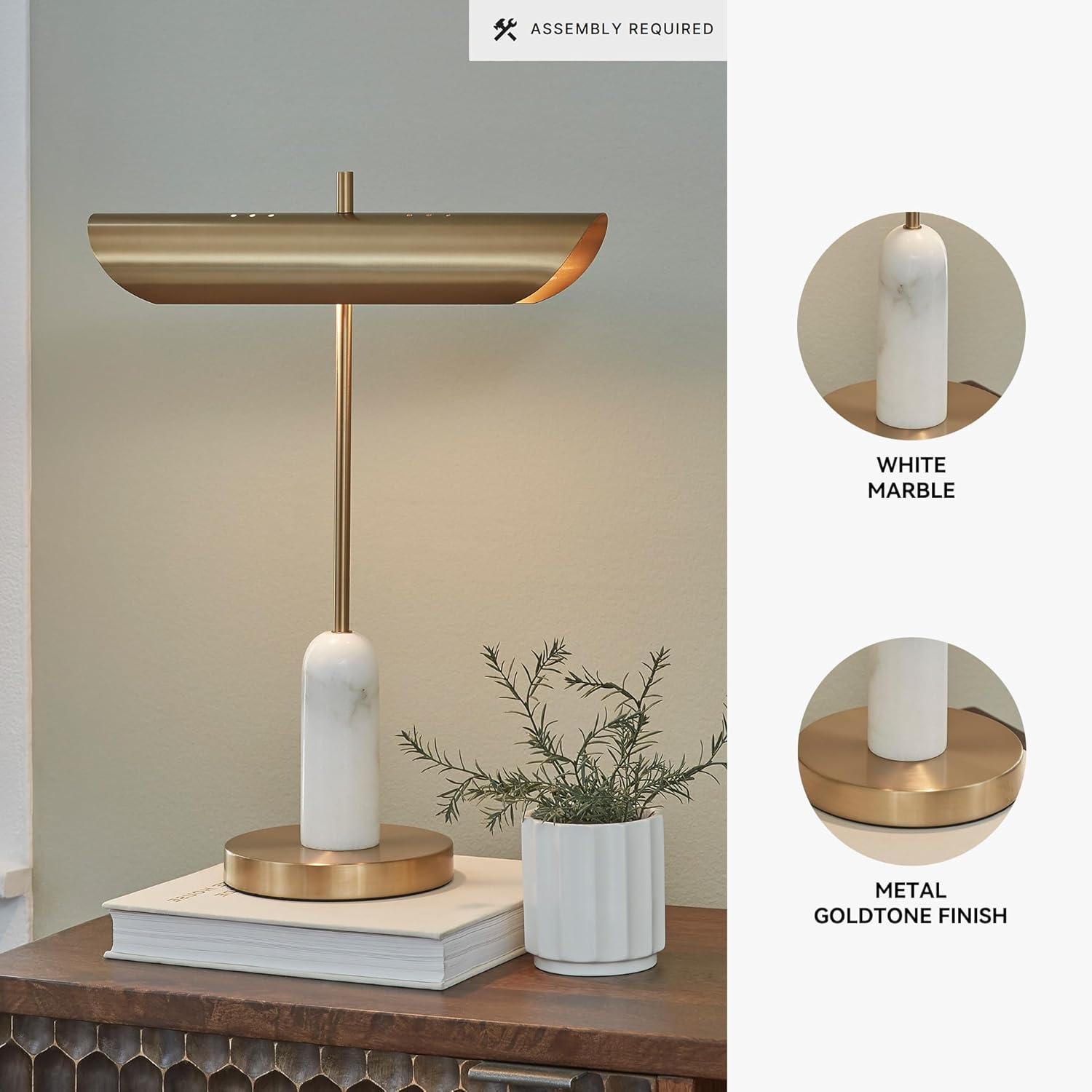 imageSignature Design by Ashley Rowleigh Contemporary Marble and Metal Desk Lamp with 2 Sockets USBC Ports and OnOff Switch Metallic ampamp White