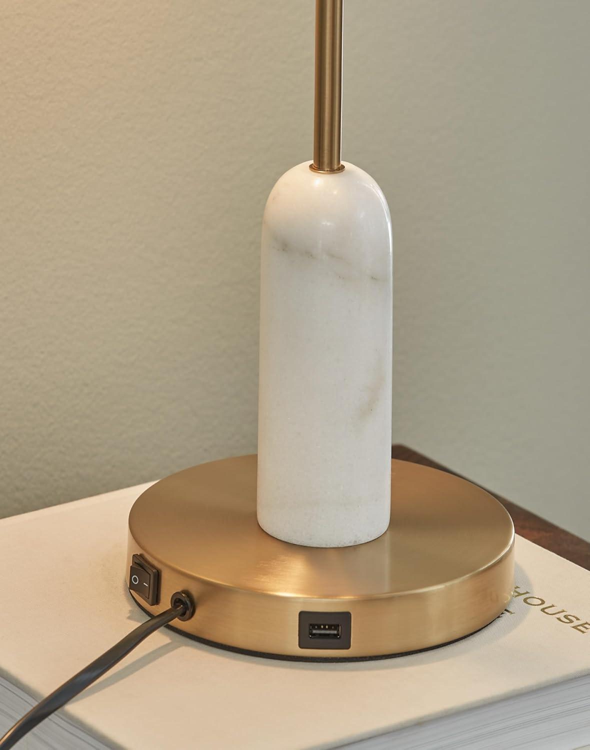 imageSignature Design by Ashley Rowleigh Contemporary Marble and Metal Desk Lamp with 2 Sockets USBC Ports and OnOff Switch Metallic ampamp White