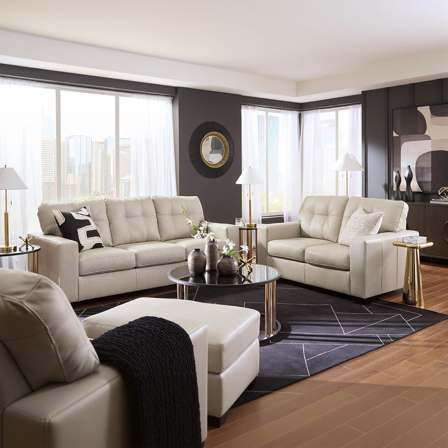 imageSignature Design by Ashley Santorine Classic Leather Match Loveseat with Tufted Cushion and Removable Cushion Light Gray